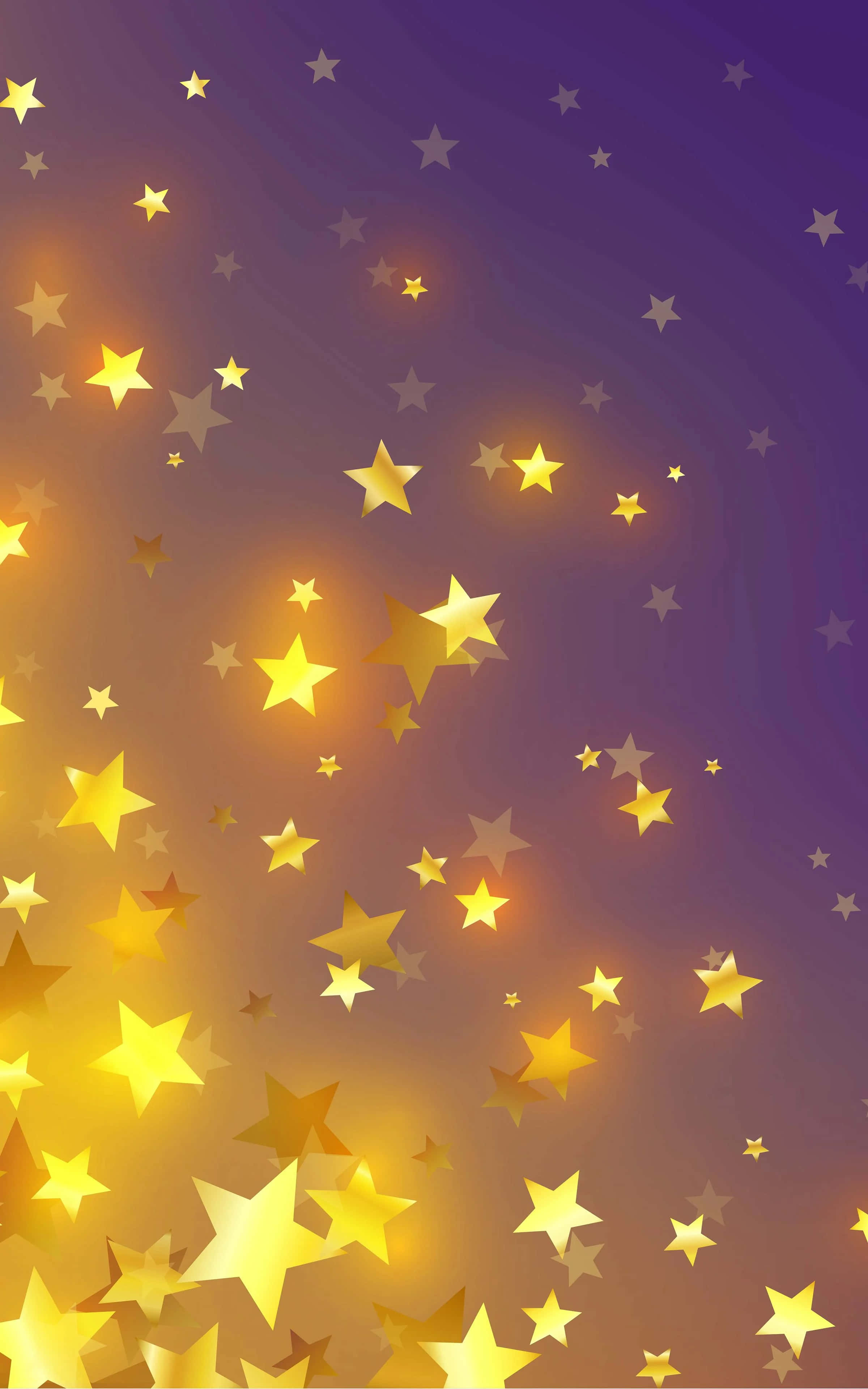 3d Star 桌布 壁紙 — 金色星星在紫色和橙色漸變的天空中閃爍，營造出神奇的星空場景。