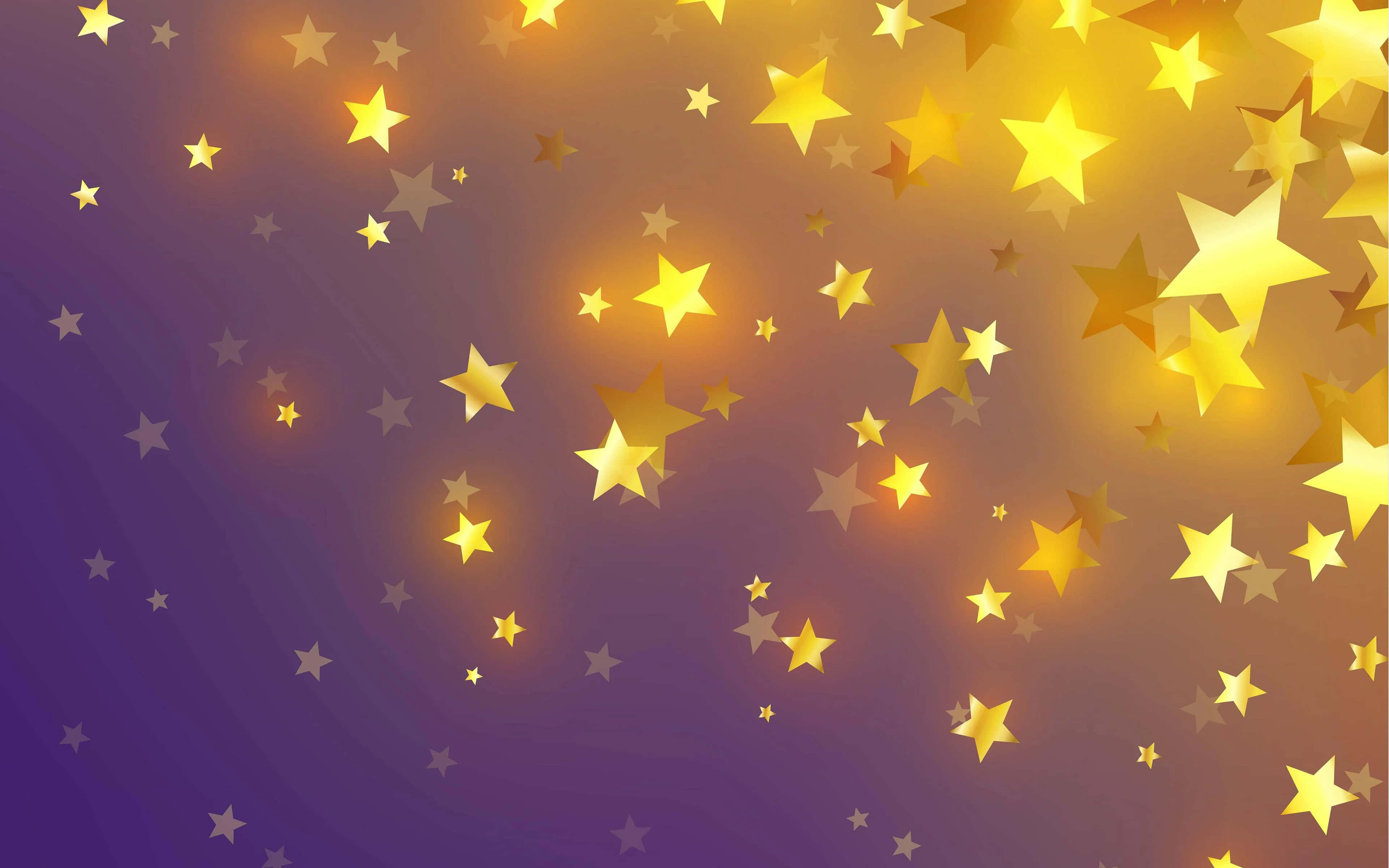 3d Star 桌布 壁紙 — 金色星星在紫色和橙色的漸變天空中閃爍，營造出神奇的發光效果。