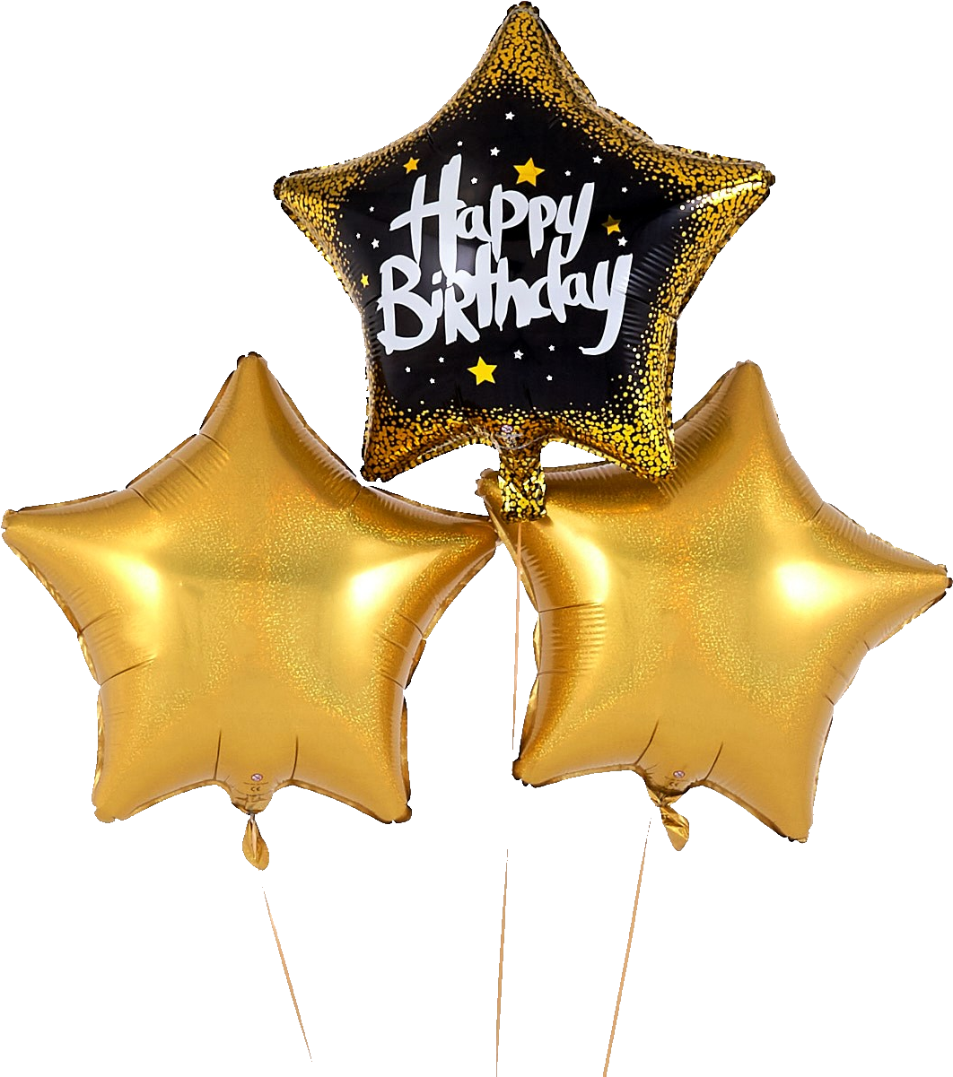 金色星星氣球慶祝生日 壁紙 — 三個閃亮金色星星氣球，其中一個寫著「Happy Birthday」，背景為黑色。