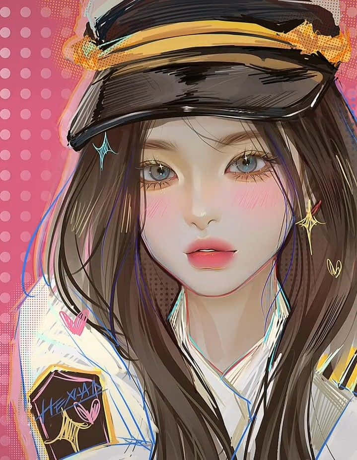 金色時光中的迷人模特 壁紙 — 一個風格化的動漫女孩，藍色眼睛和長長的棕色頭髮，戴著黑色帽子，穿著白色外套，背景是粉紅色圓點。