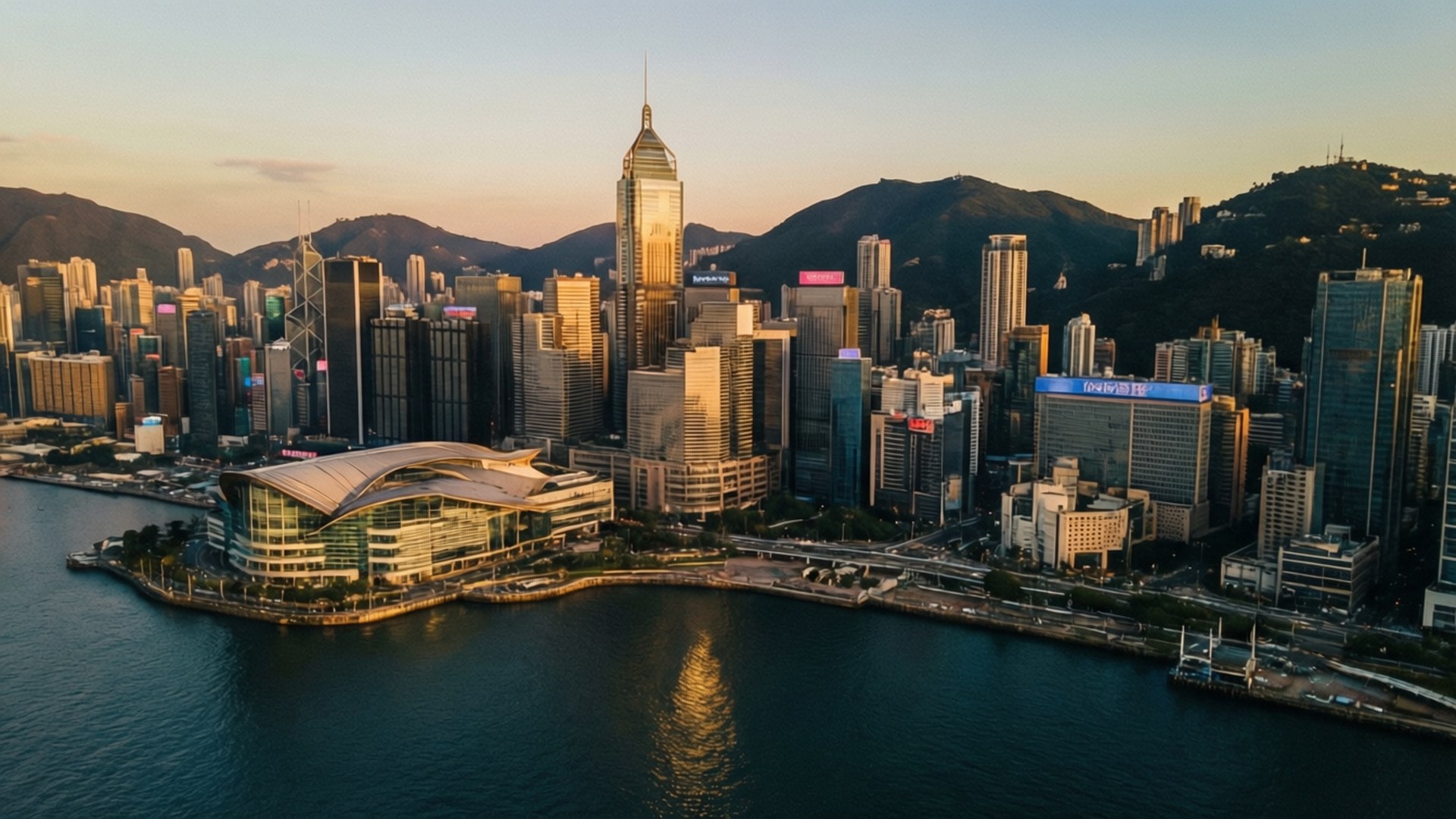 日落時分的香港天際線，摩天大樓和山巒倒映在水中