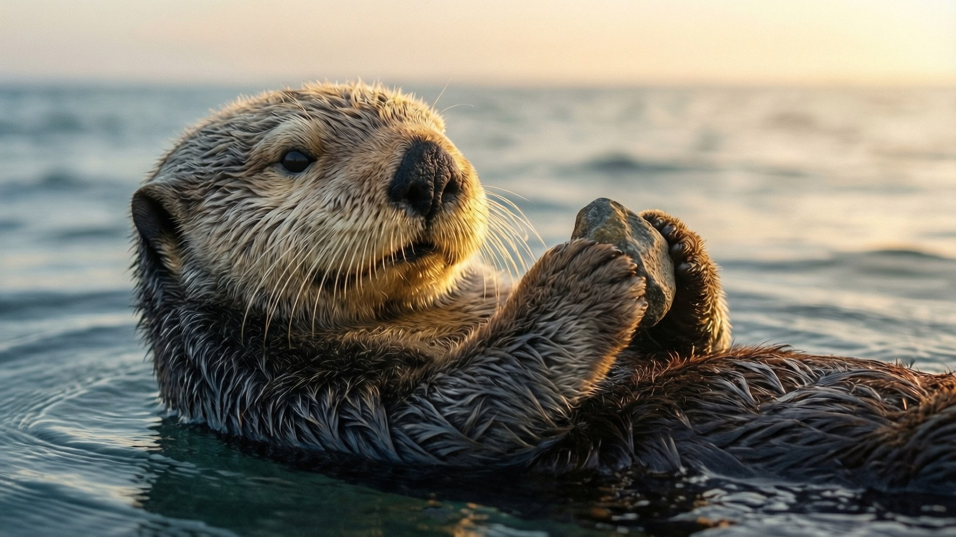 金色晨光水獺 壁紙 — 一隻海獺在平靜的海面上仰躺漂浮，在日落時分抱著一塊岩石。