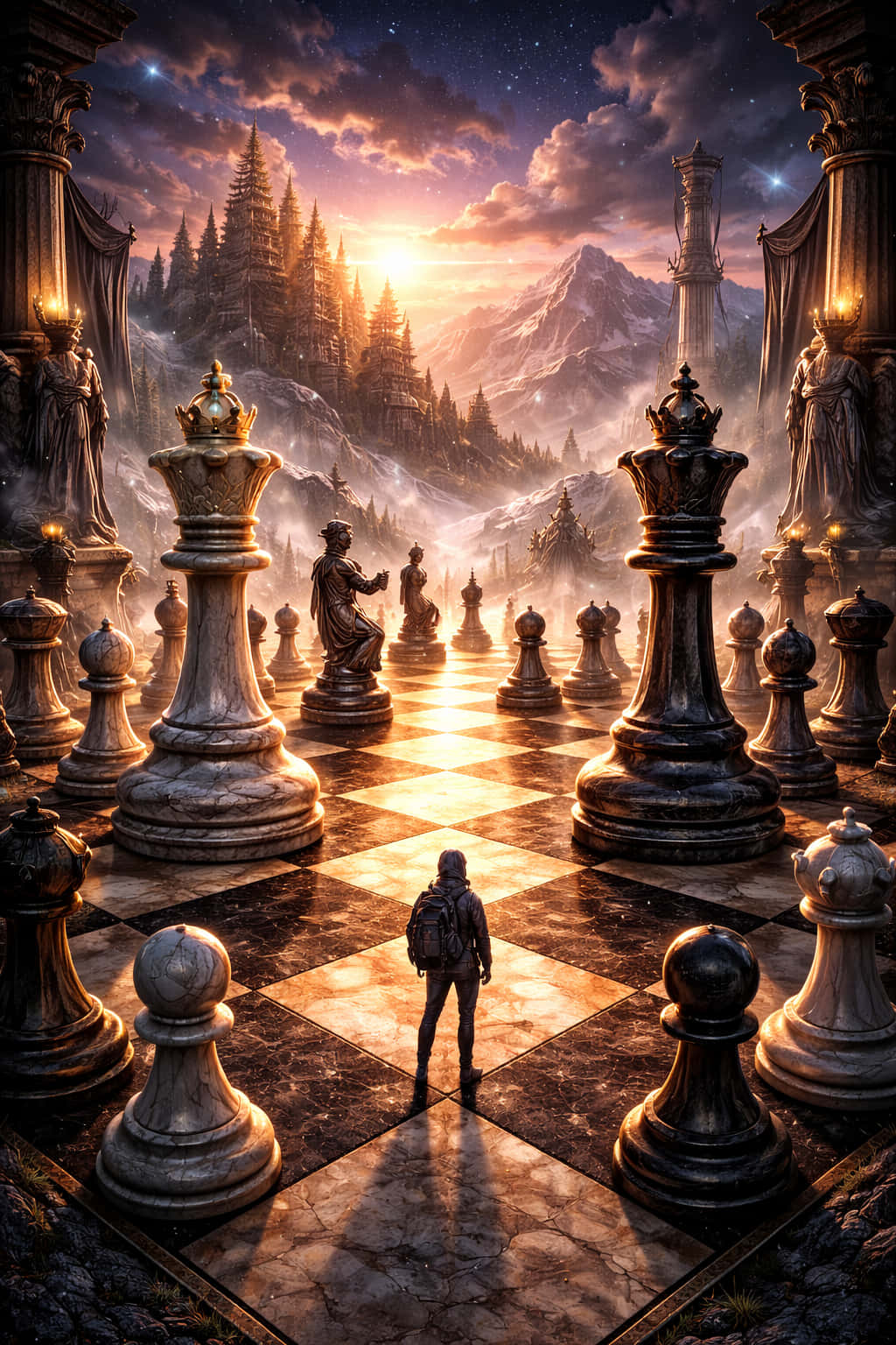 金色暮光中的棋局 壁紙 — 一個孤獨的身影站在巨大的大理石棋盤上，下方是星光燦爛的暮色天空，遠方有山脈和古老雕像。