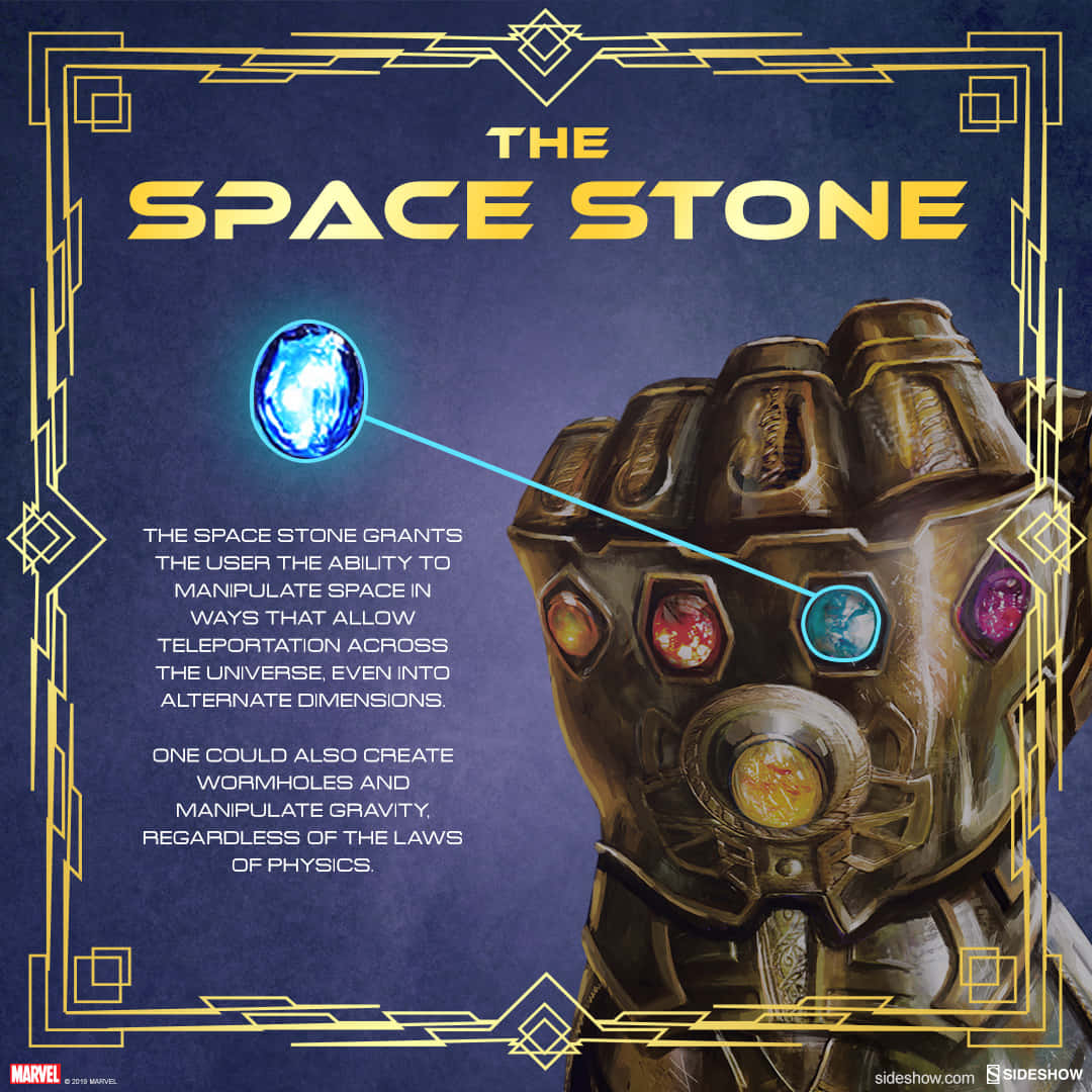 Space Stone 桌布 壁紙 — 金色框架內深紫色背景上，空間寶石發出藍光的無限手套特寫。