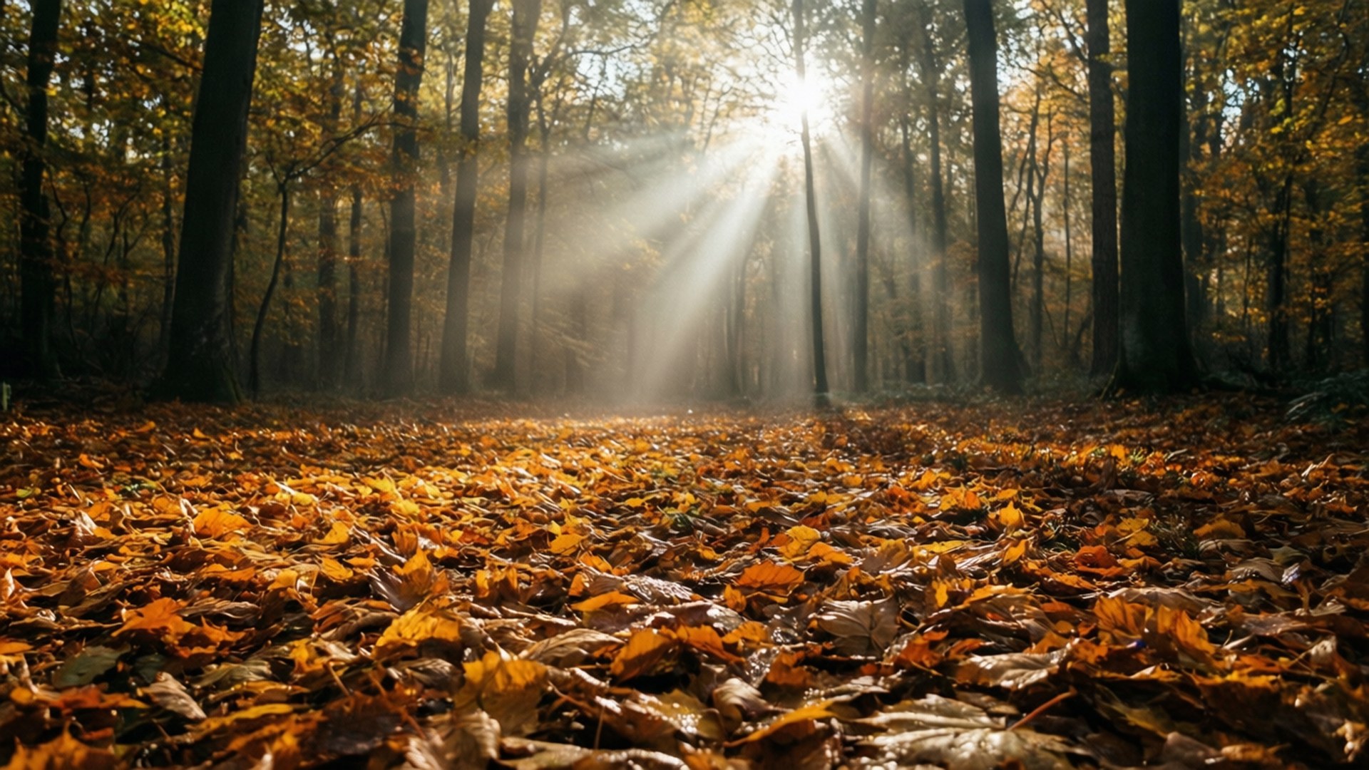 陽光透過高聳的樹木，照射在鋪滿金色秋葉的森林地面上。