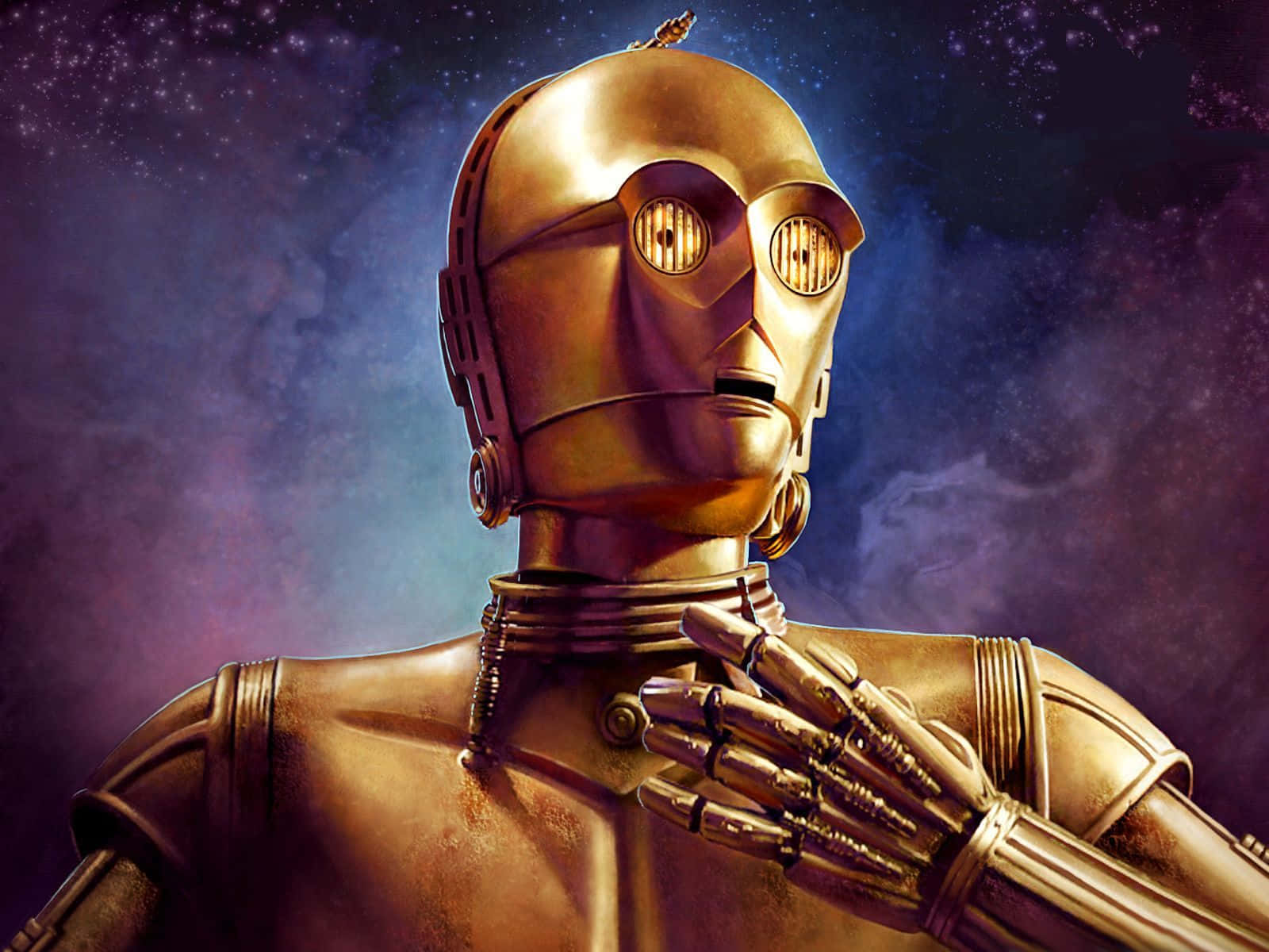 C-3po 桌布 壁紙 — 金色機械人C-3PO莊嚴地站在星空宇宙背景下，一隻手輕輕放在胸前。