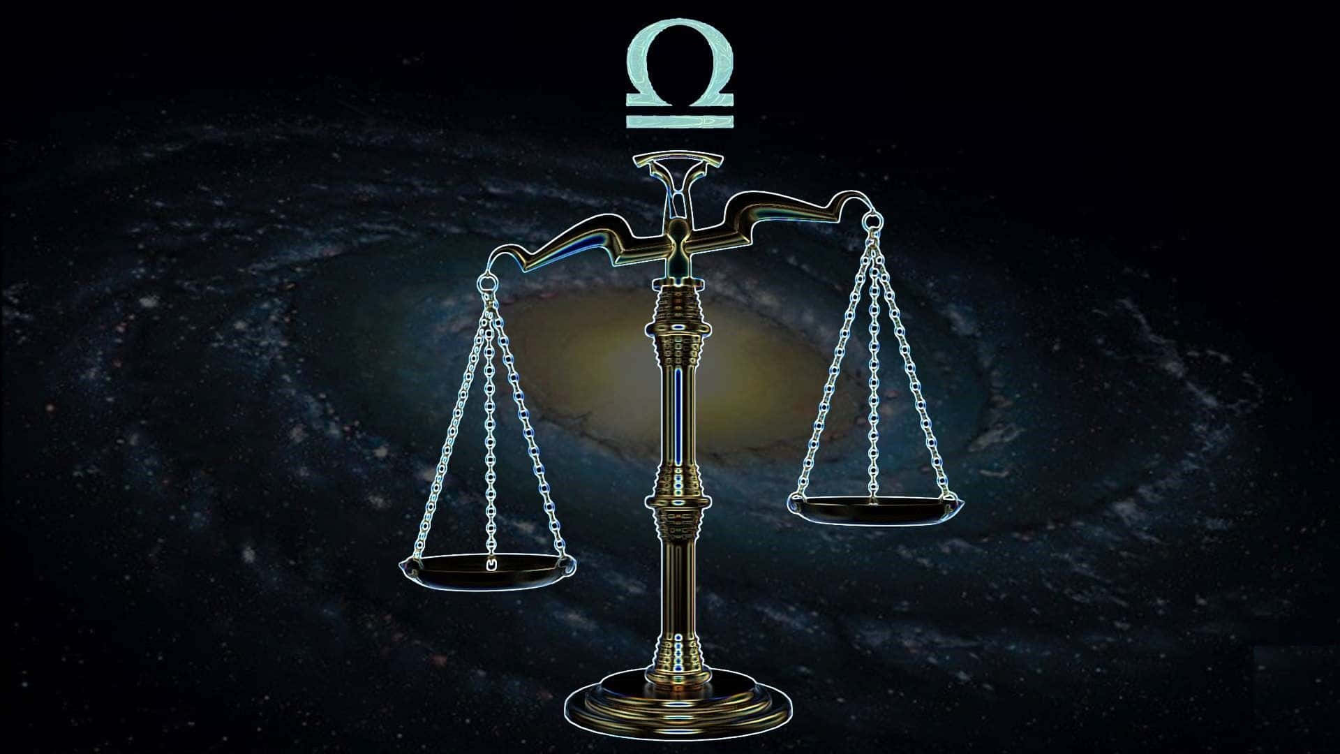 libra 桌布 壁紙 — 金色正義天秤帶有歐米茄符號，漂浮在深空中發光的螺旋星系前。