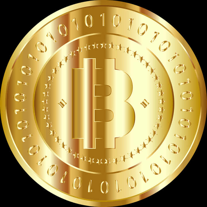 金色比特幣呈現 壁紙 — 一枚閃閃發光的金色比特幣硬幣，帶有二進制代碼和星星，背景為黑色。