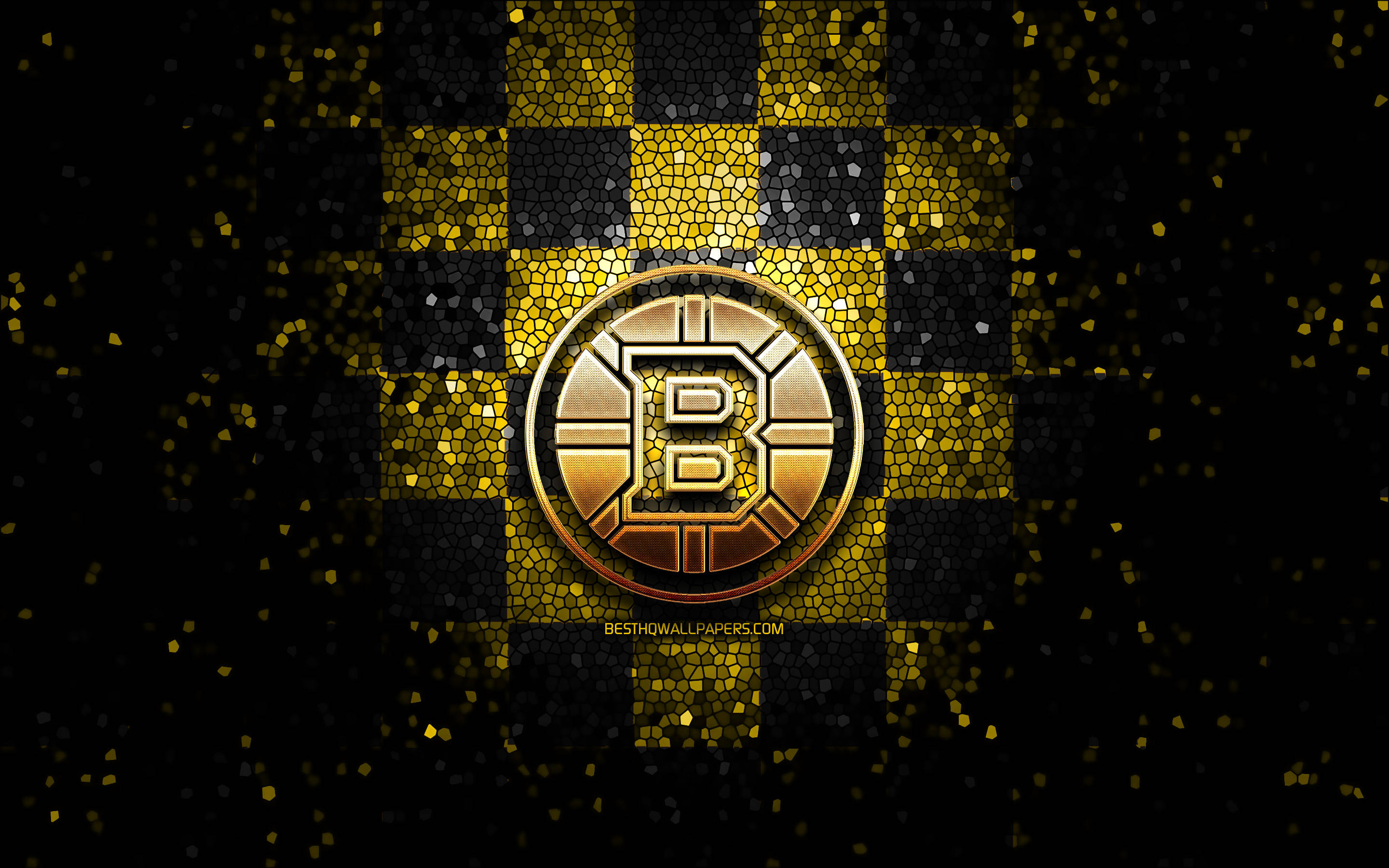 Boston Bruins Logo Glittery Checkerboard 壁紙 — 金色比特幣標誌在黑金馬賽克網格中央閃耀，周圍有閃爍粒子旋轉。