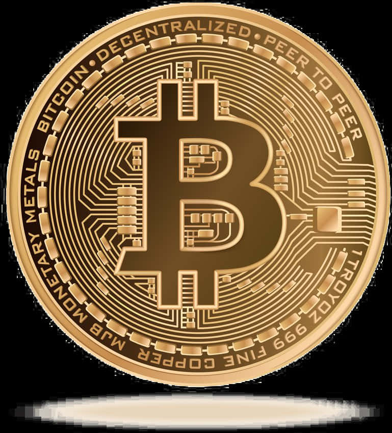 金色比特幣硬幣 壁紙 — 一枚閃閃發光的金色比特幣硬幣，帶有電路板圖案和銘文，背景為黑色。