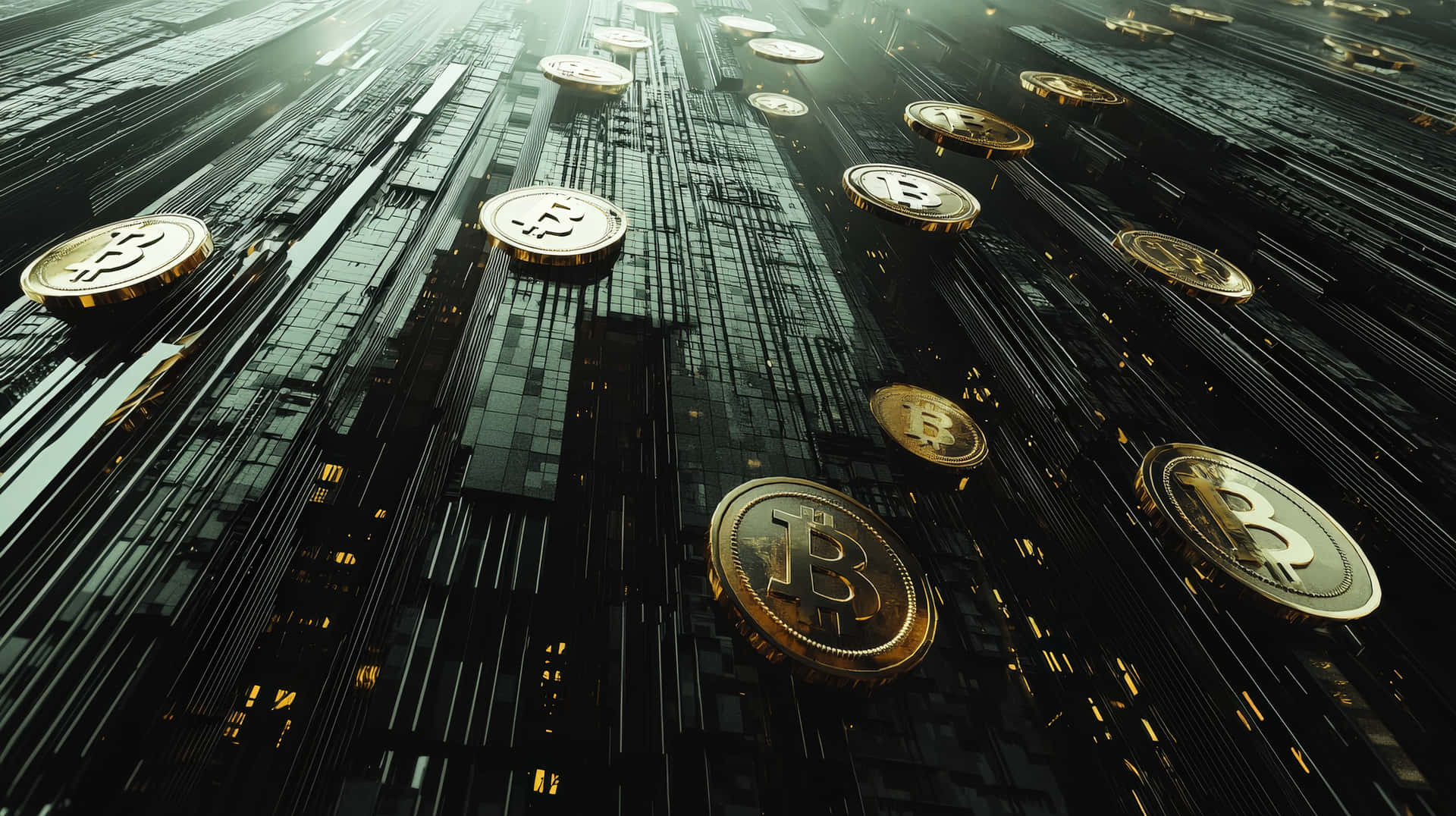 金色比特幣穿過帶有發光線條的黑暗數位城市景觀落下