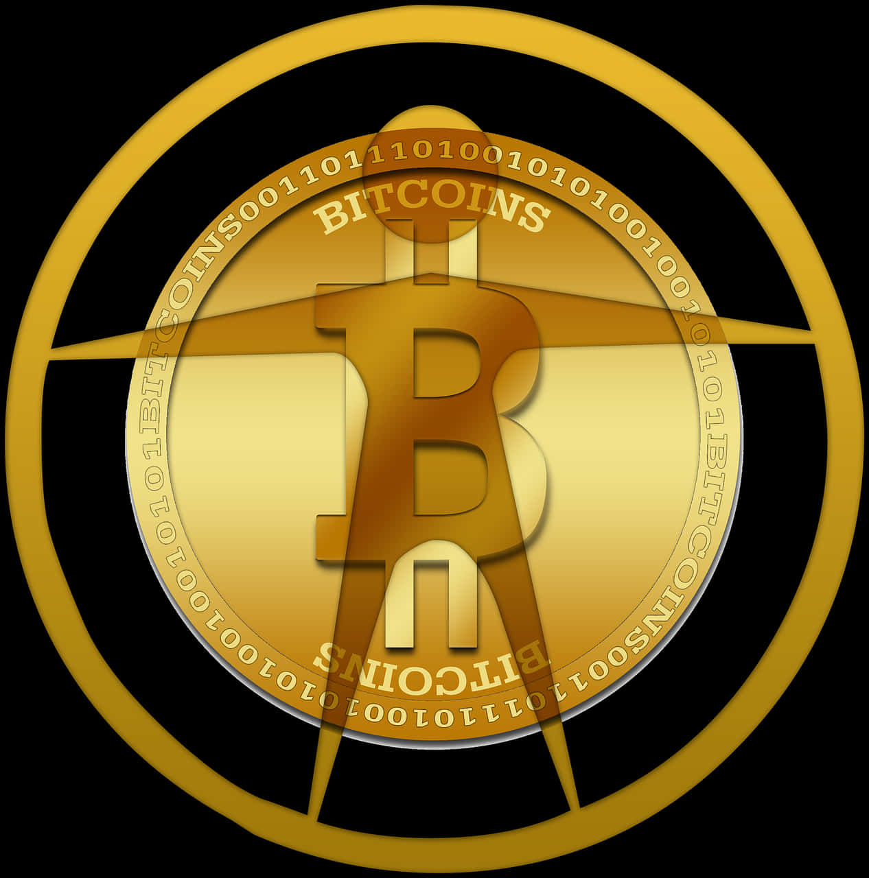 金色比特幣符號十字準心設計 壁紙 — 一枚閃閃發光的金色比特幣硬幣，帶有二進制代碼和環繞它的bitcoins字樣，背景為黑色。