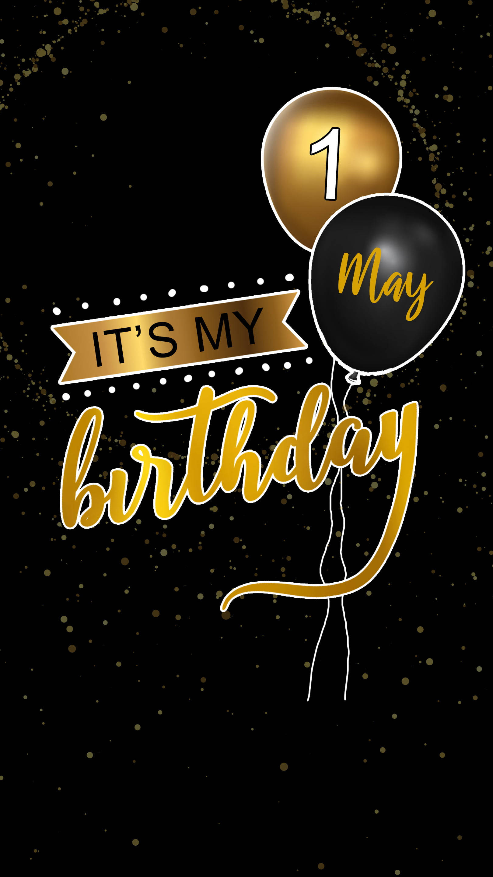 Birthday 桌布 壁紙 — 金色氣球和閃爍文字在黑色背景上宣佈5月1日的生日慶祝活動。