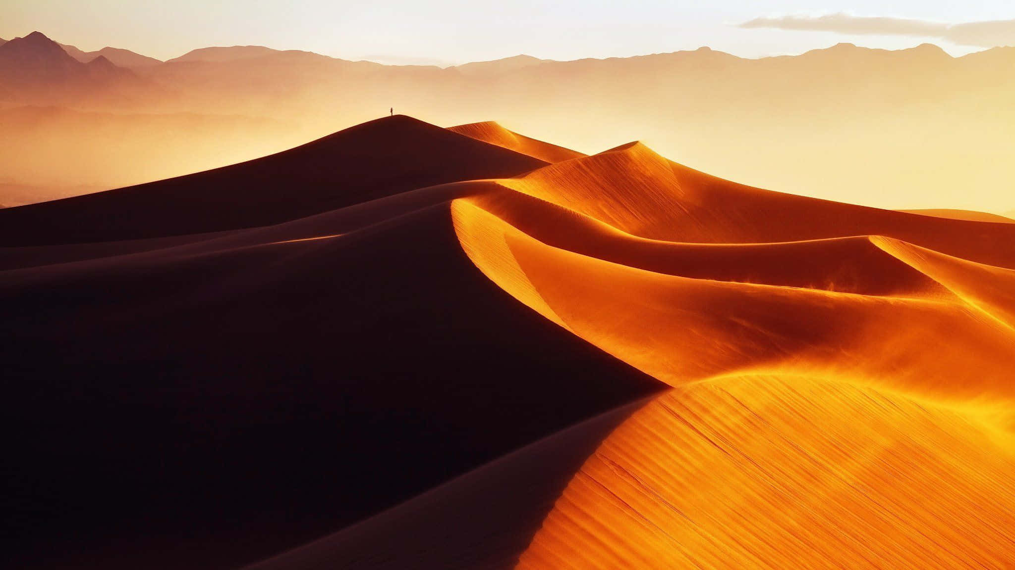 Sand Dunes 桌布 壁紙 — 金色沙丘在溫暖的日落光線下起伏，遠山在薄霧中漸漸消失。