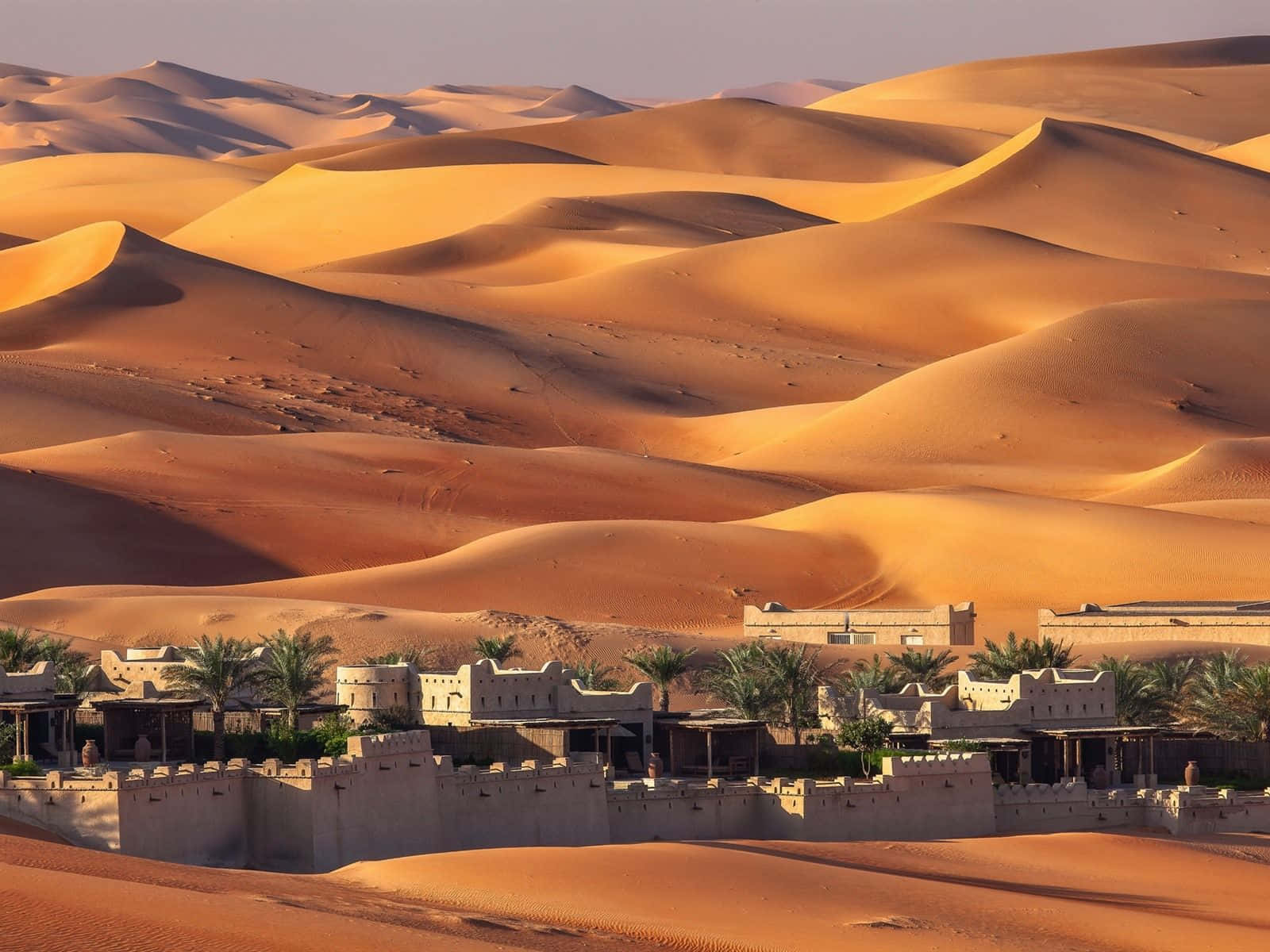 Uae 桌布 壁紙 — 金色沙丘在溫暖陽光下無盡延伸，沙漠綠洲中有石建築和棕櫚樹坐落其腳下。