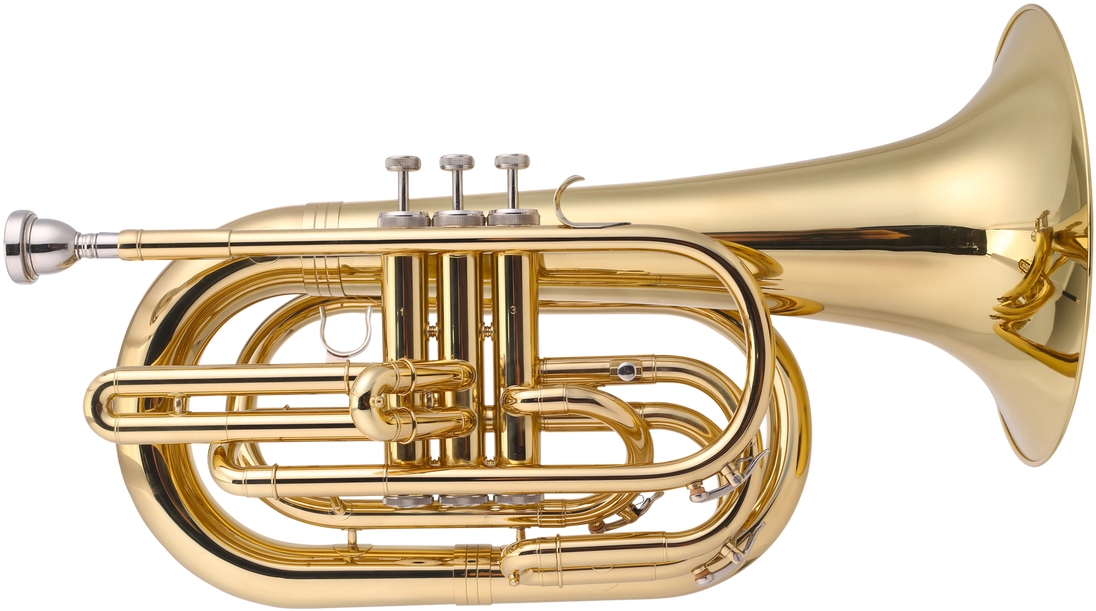 金色法國號樂器 壁紙 — 閃亮的金黃銅色低音號，帶有銀色活塞和吹嘴，在純黑色背景上孤立。