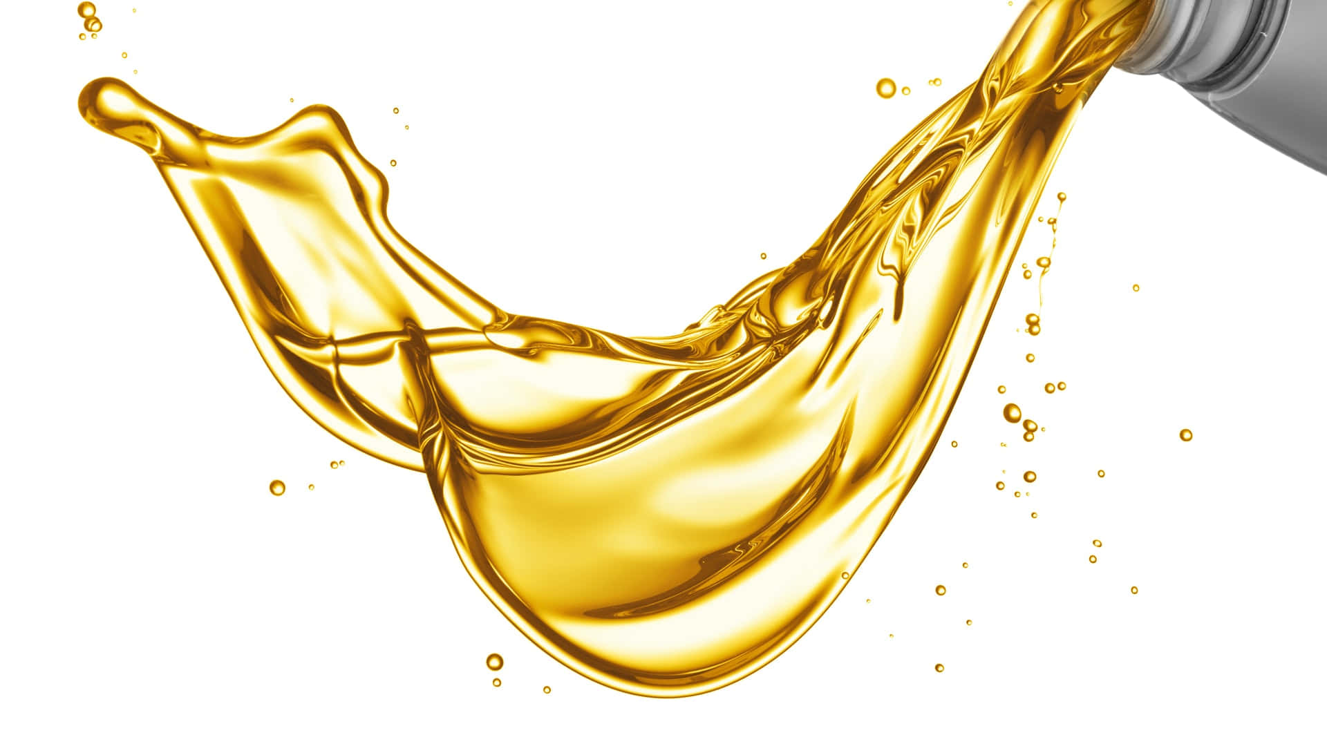 Oil 桌布 壁紙 — 金色液體動態飛濺，在純白背景上優雅地劃出弧線，液滴懸浮在半空中。