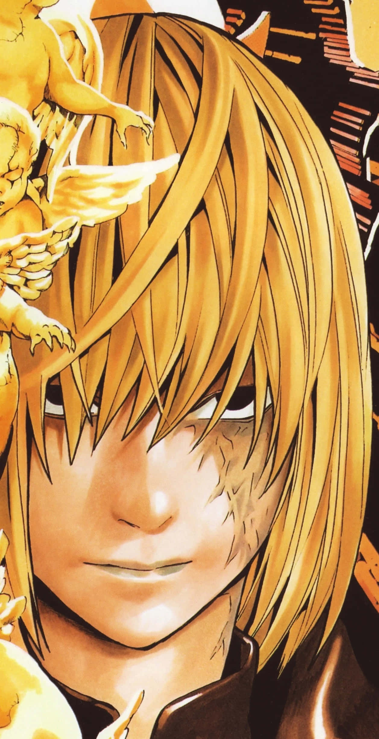 Death Note Mello 桌布 壁紙 — 金色溫暖色調中，金髮動漫角色身旁有天使般形象的近距離特寫。