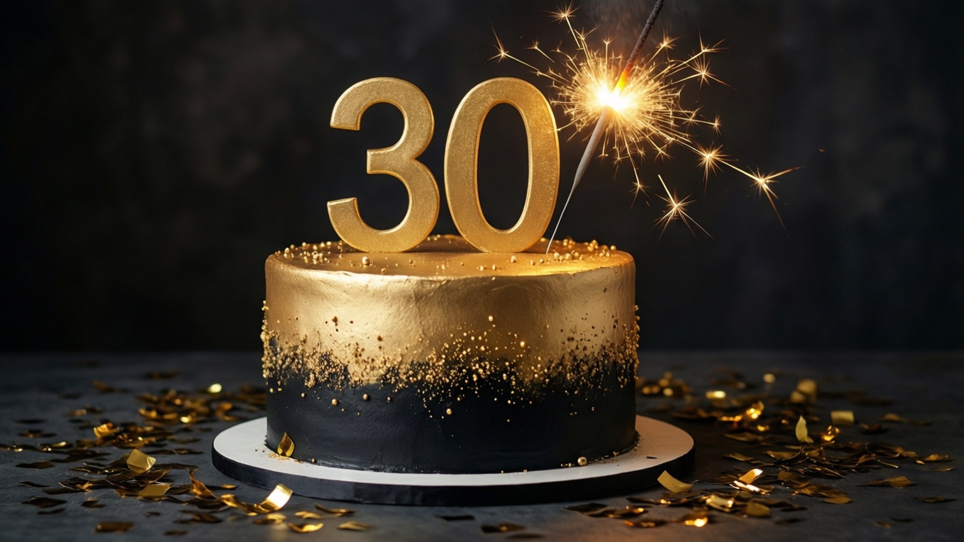 金色火花蛋糕 壁紙 — 奢華的金色和黑色生日蛋糕，帶有 '30' 裝飾和閃爍蠟燭，周圍撒滿五彩紙屑。
