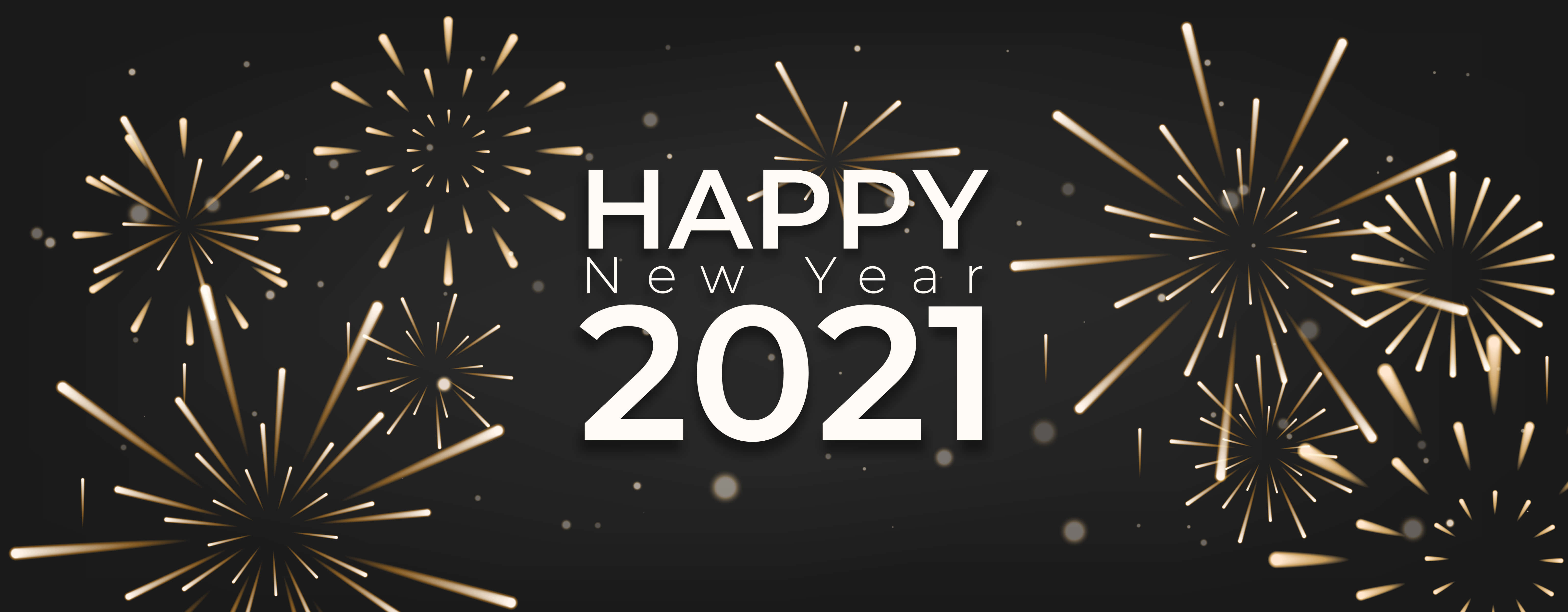 Happy New Year 2021 桌布 壁紙 — 金色煙火在黑色背景上綻放，以粗體白色文字慶祝新年2021。