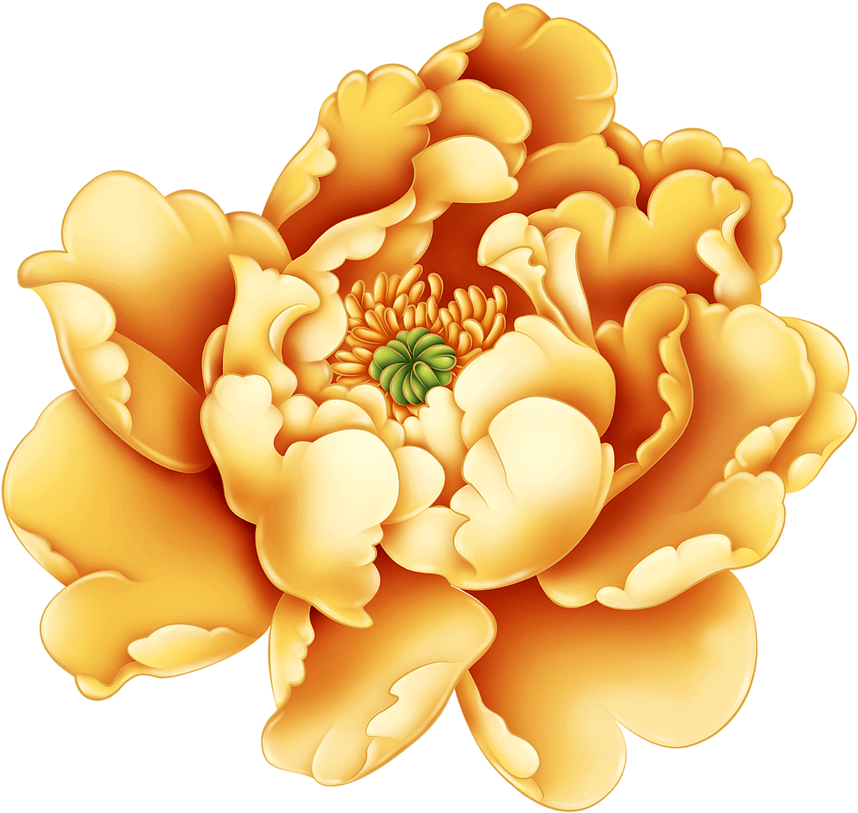 金色牡丹插畫 壁紙 — 一朵盛開的金色牡丹，花瓣層層疊疊，花心綠色，襯以黑色背景。