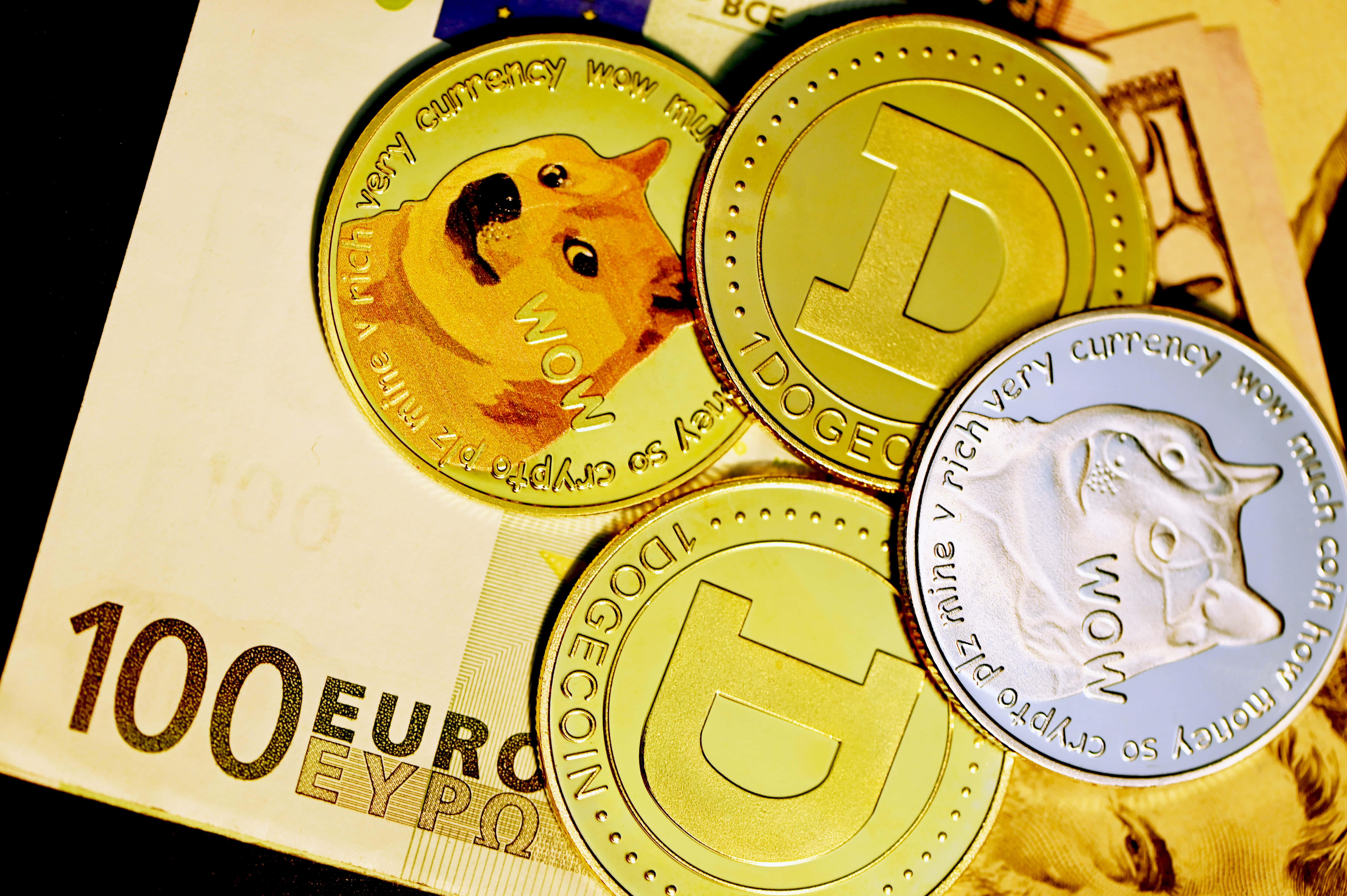 Dogecoin 桌布 壁紙 — 金色狗狗幣代幣上印有柴犬狗臉，在溫暖燈光下放置在一張100歐元紙幣上。