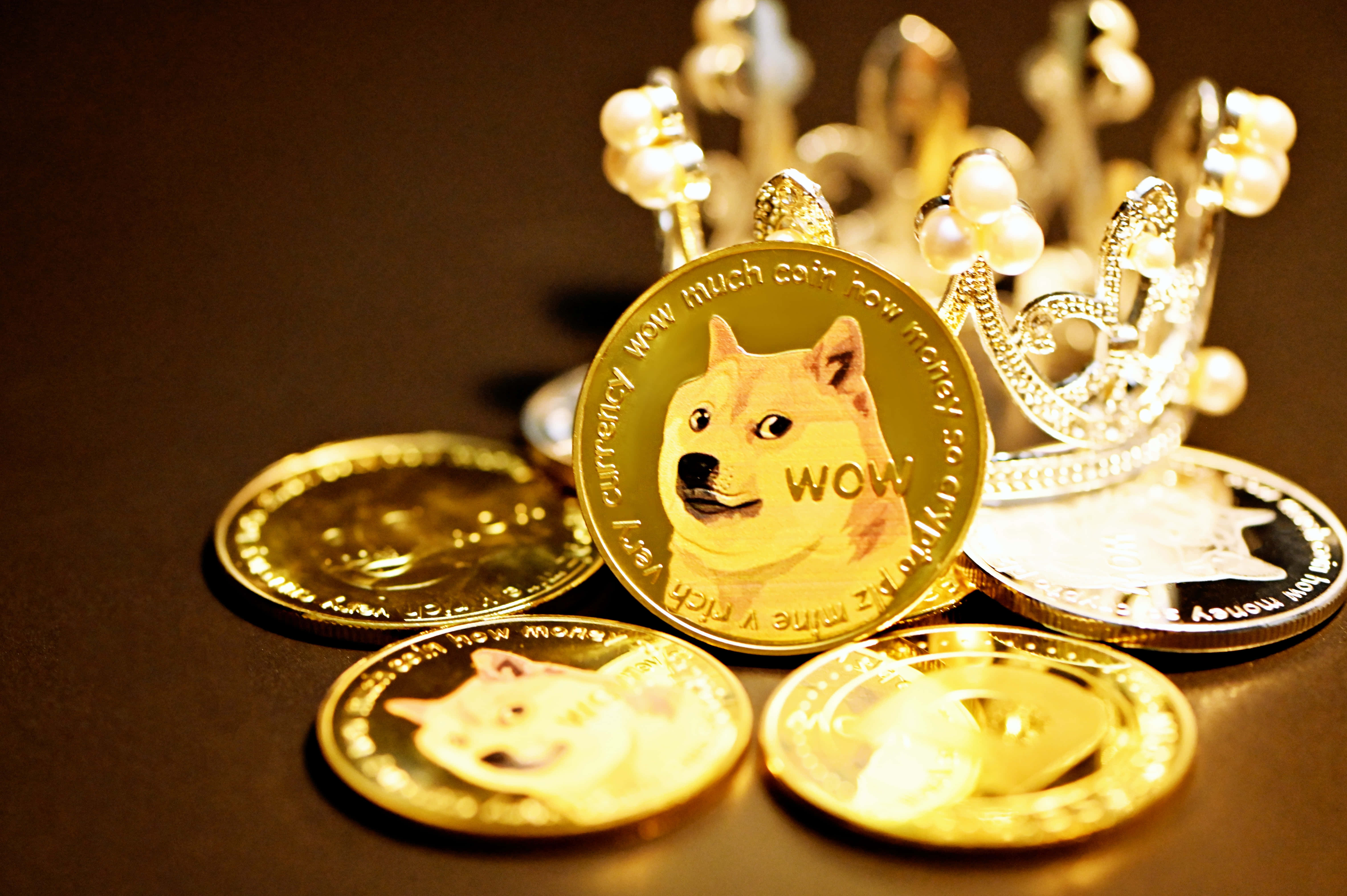 Dogecoin 桌布 壁紙 — 金色狗狗幣代幣在溫暖燈光下，於深色表面上與鑲有寶石的王冠一同閃耀。