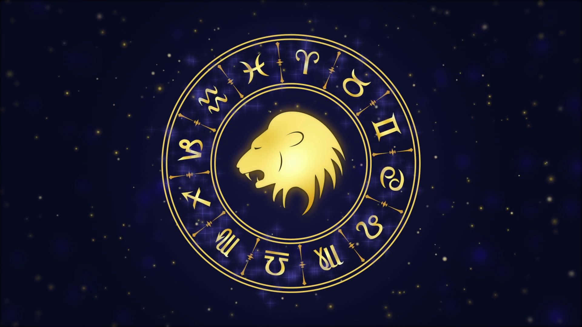 金色獅子與星座圖案，藍色背景 壁紙
