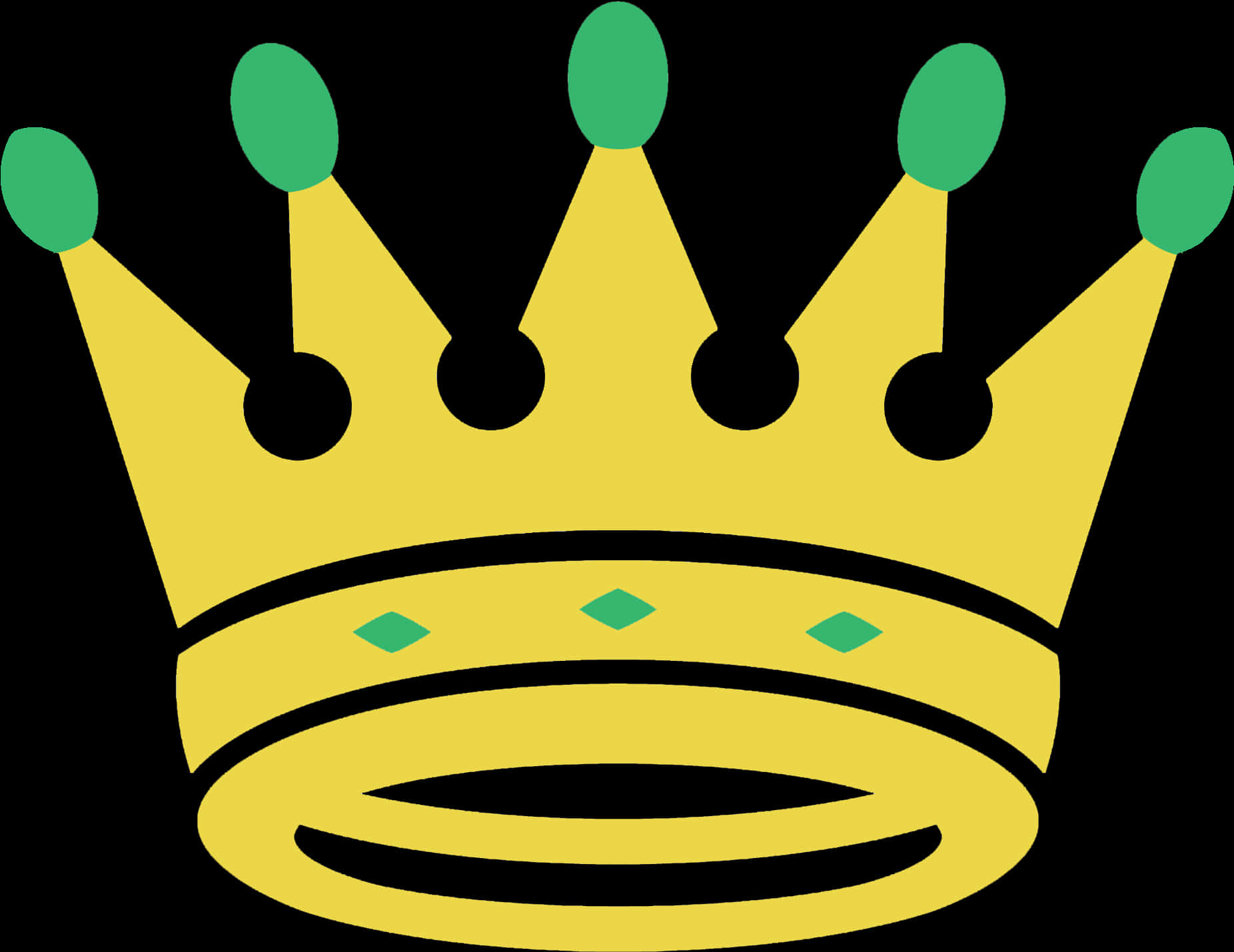 金色王冠向量插圖 壁紙 — 一個大膽的黃色皇冠，帶有綠色寶石和黑色輪廓，在純黑色背景上脫穎而出。