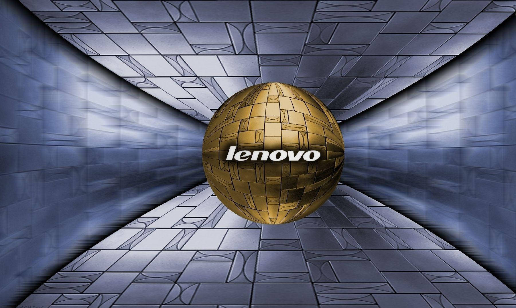 藍色瓷磚隧道中的金色 Lenovo 標誌球體