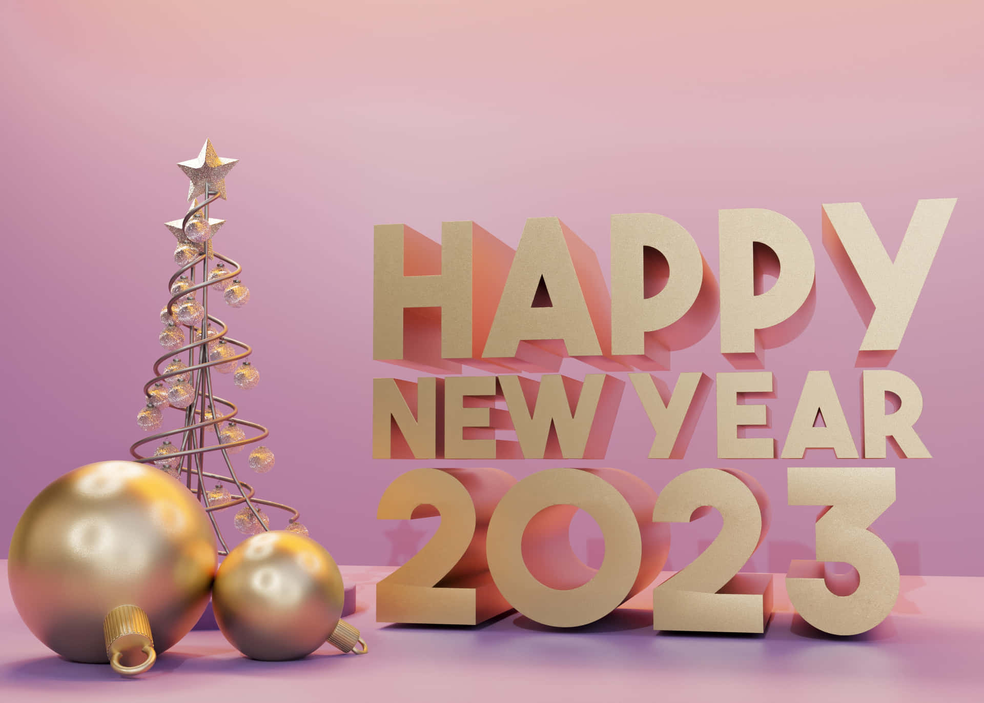 Happy New Year 2023 文字配金色裝飾和螺旋樹，背景為粉紅色
