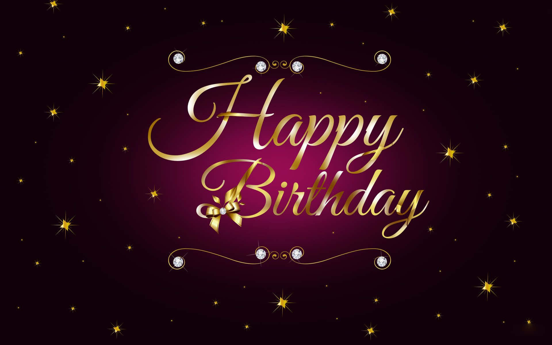 金色字體Happy Birthday，帶有鑽石和星星，背景為紫色。