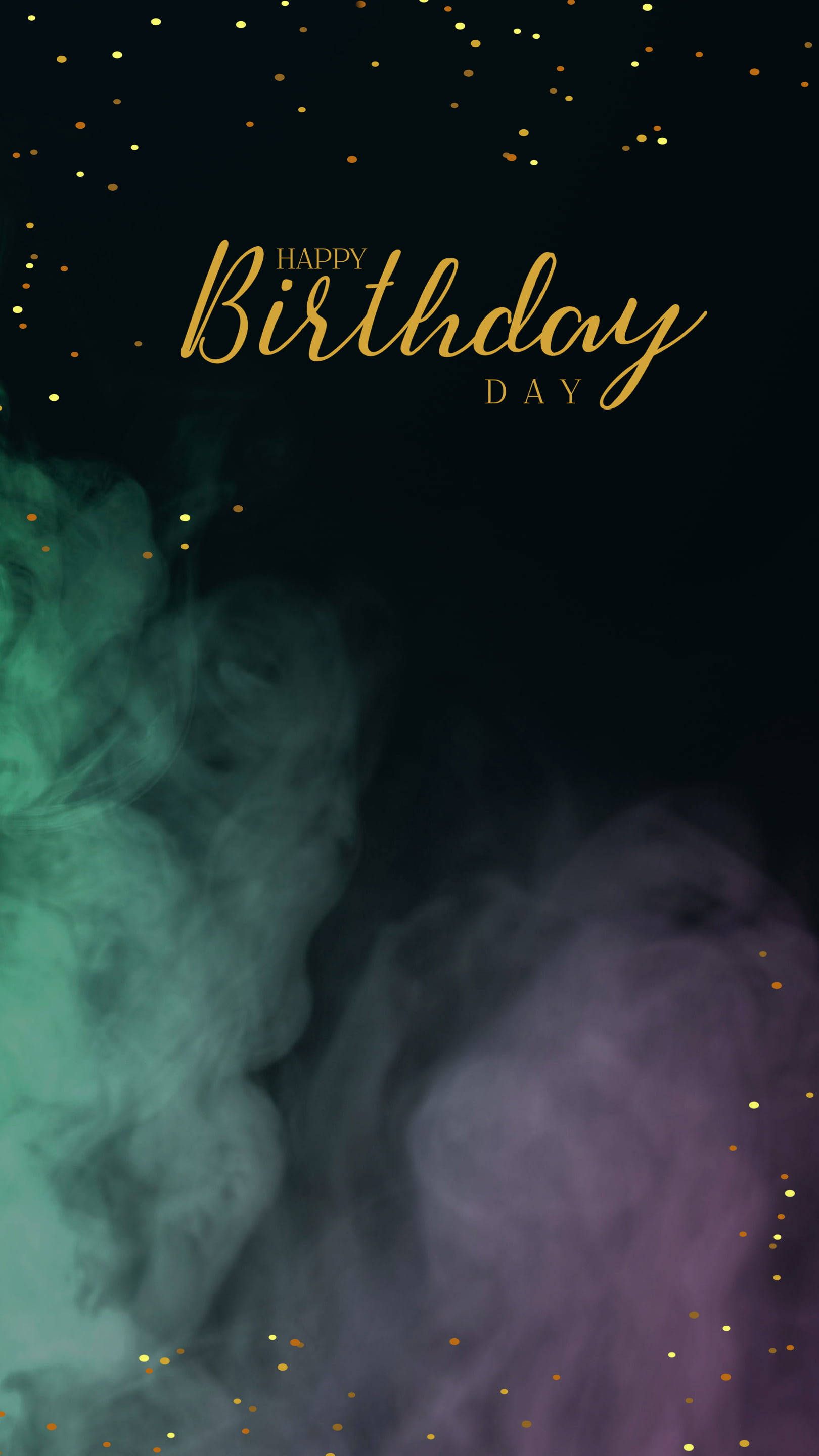 birthday blessings 桌布 壁紙 — 金色生日文字漂浮在旋轉的藍綠色和紫色煙霧上，背景為黑色並點綴著閃粉。