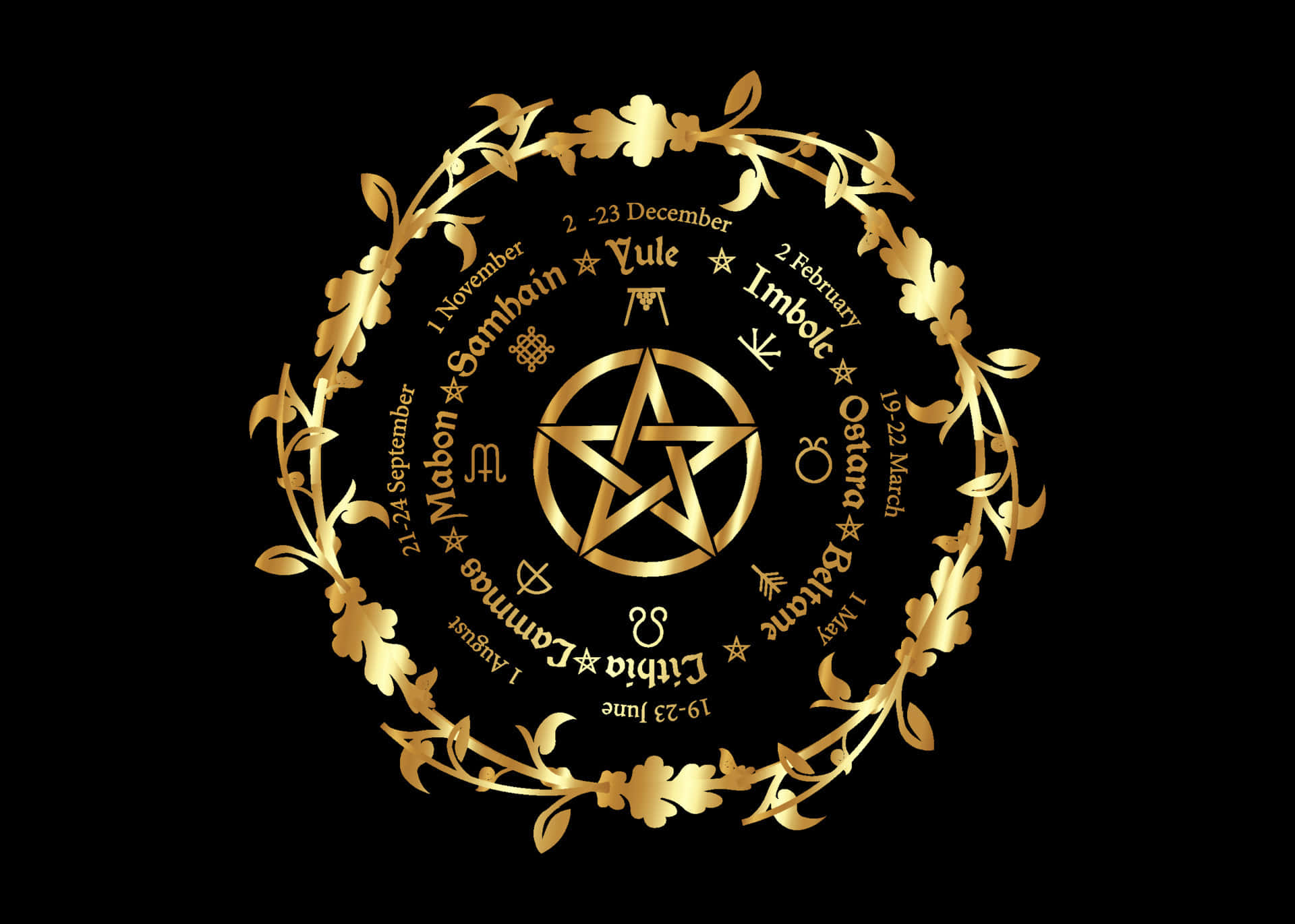 Pagan 桌布 壁紙 — 金色異教年輪，飾有精緻花環和凱爾特符號，黑色背景。