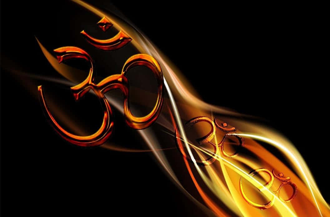 Om 桌布 壁紙 — 金色發光的 Om 符號在深黑色背景上動態流動，帶有耀眼的光跡。