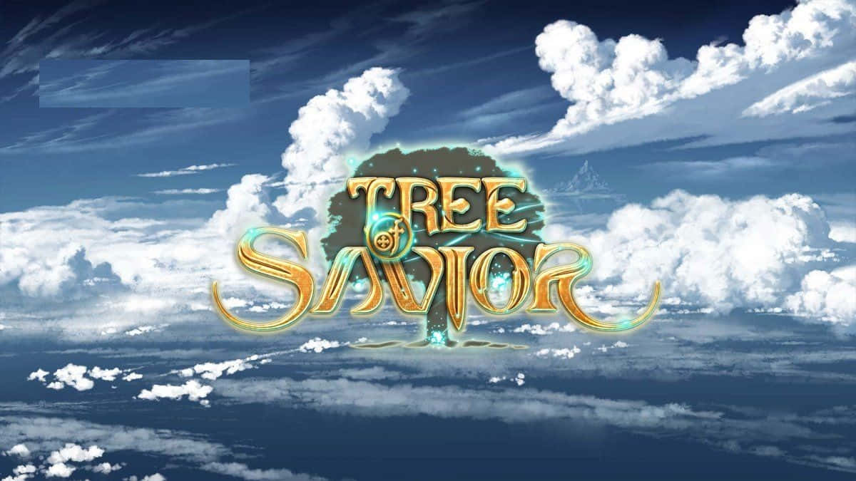 Savior 桌布 壁紙 — 金色發光的「Tree Savior」標誌從一棵風格化的樹中浮現，背景是充滿蓬鬆白雲的鮮豔藍天。