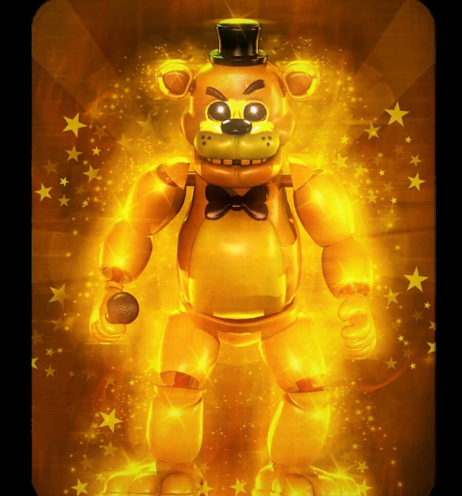 Golden Freddy 桌布 壁紙 — 金色的Freddy Fazbear機械玩偶在溫暖的琥珀色背景上，散發著耀眼的光芒和漂浮的星星。