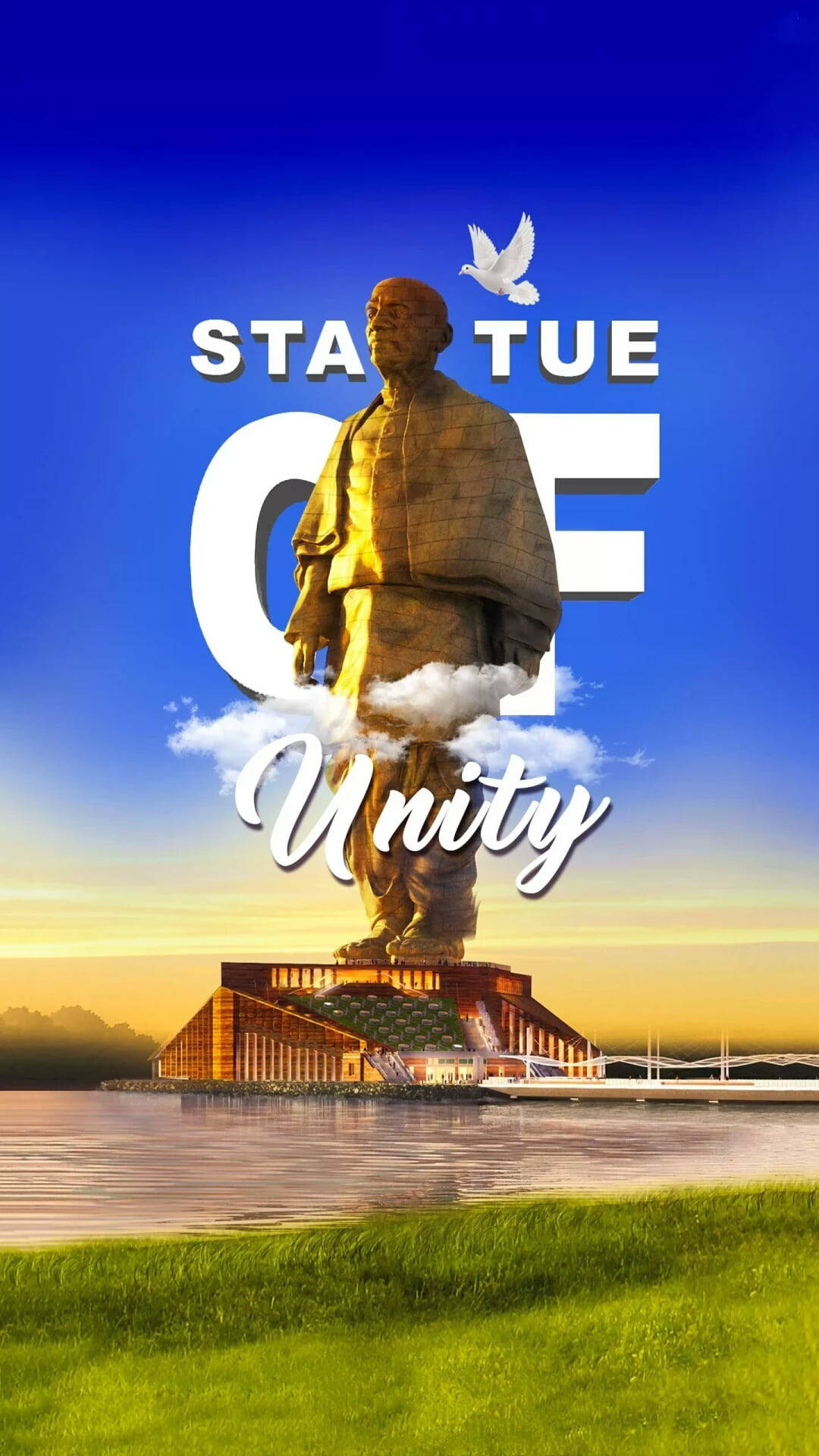 政治 桌布 壁紙 — 金色的團結雕像在日落時矗立於水面上，一隻白鴿在藍天下飛翔。