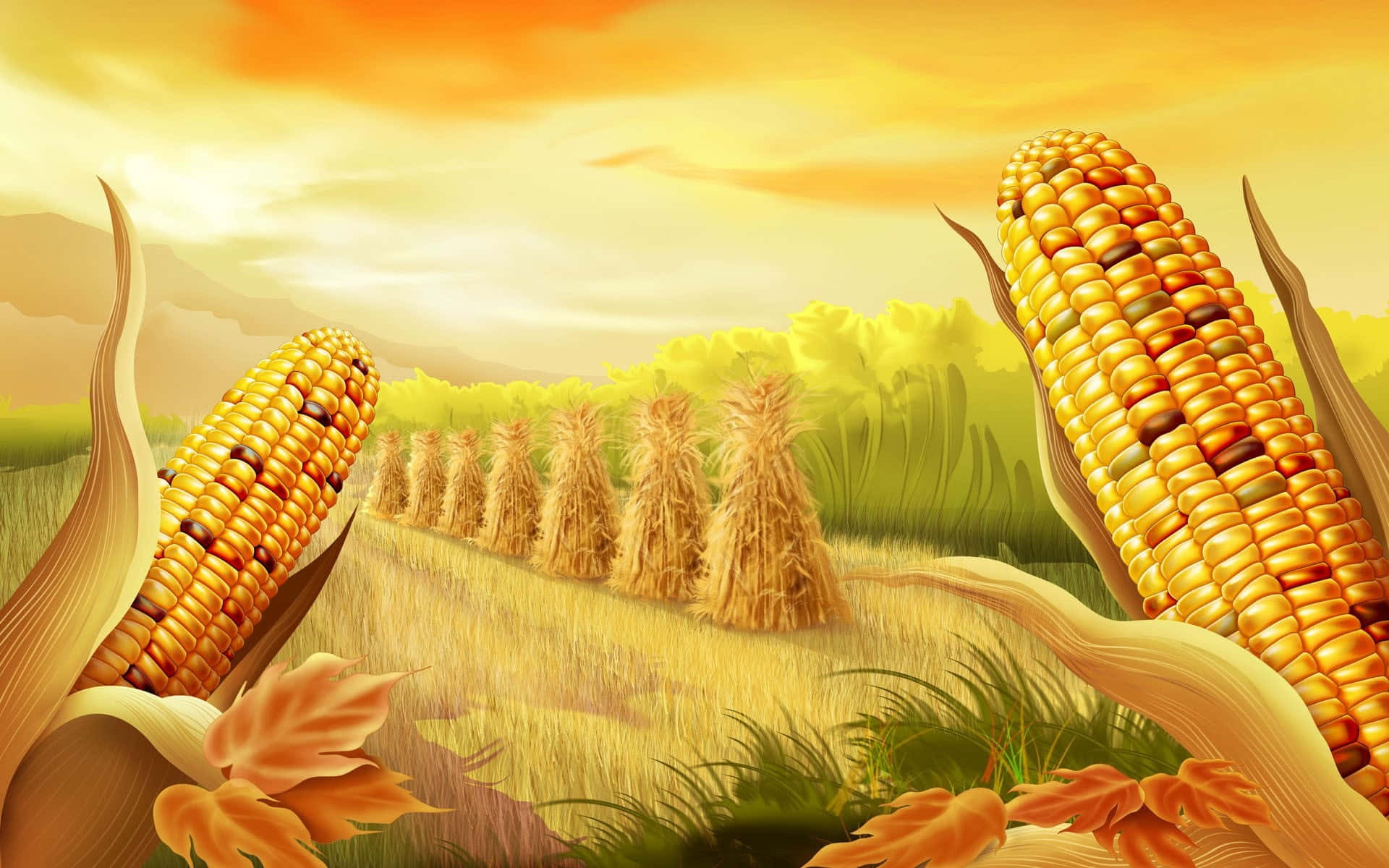 Yellow Corn 桌布 壁紙 — 金色的玉米稈框出一個陽光明媚的秋日田野，有乾草捆和遠山，在溫暖的橙色天空下。