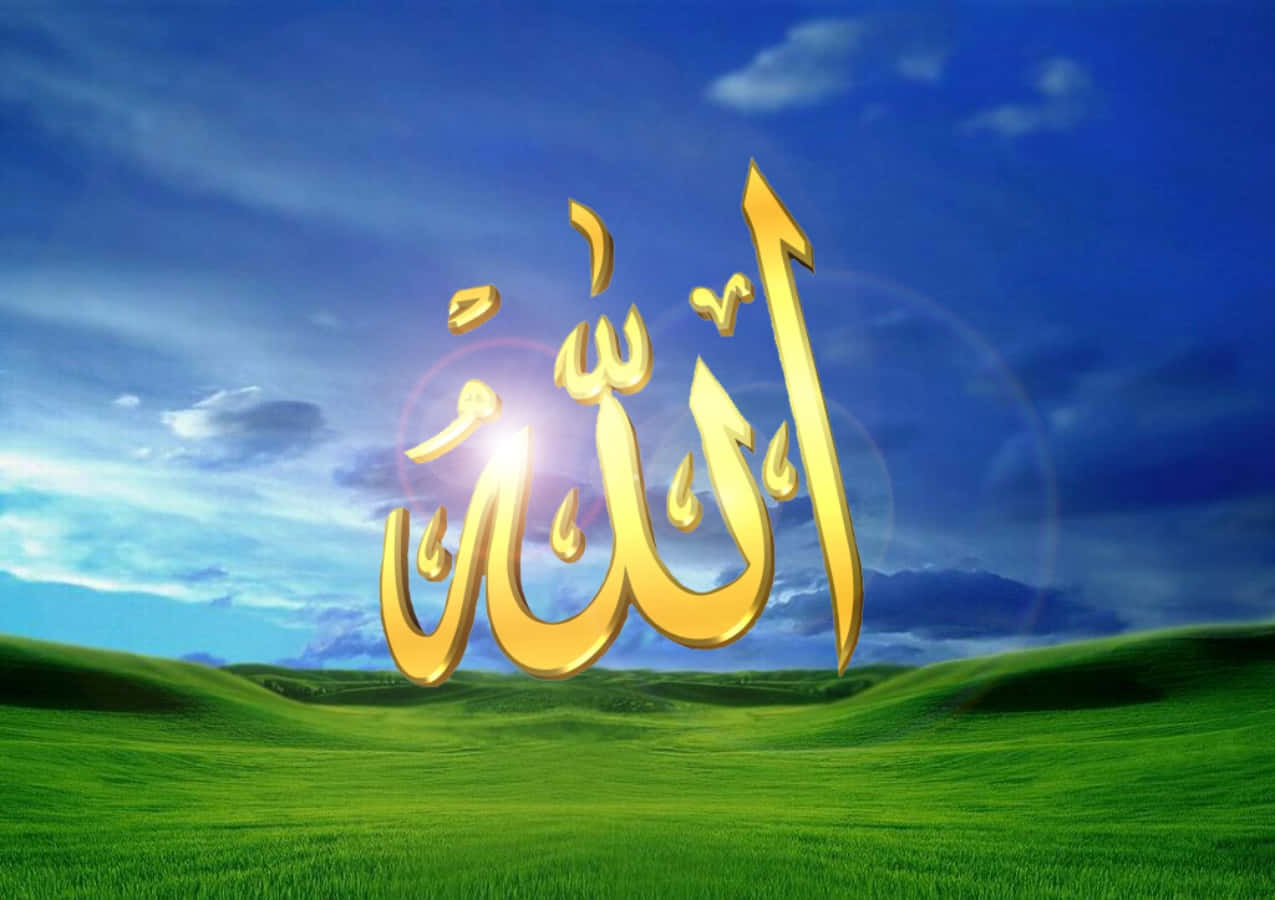 Allah 桌布 壁紙 — 金色的阿拉伯書法「阿拉」漂浮在充滿活力的綠色田野上，背景是帶有柔和雲朵的動態藍天。