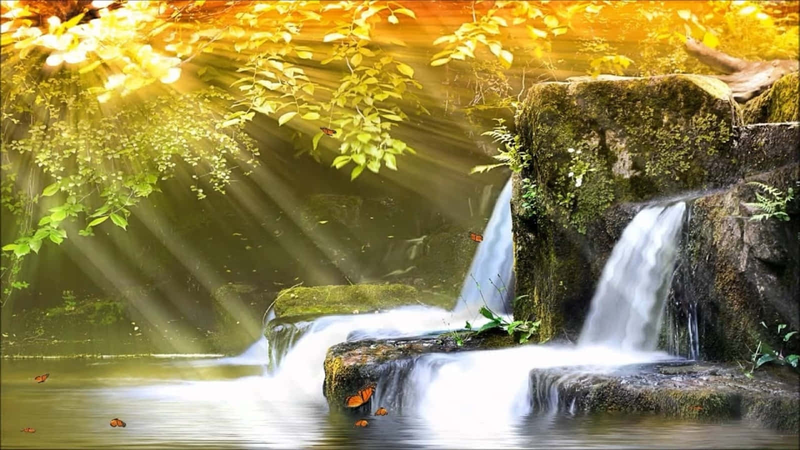 3d Waterfall 桌布 壁紙 — 金色的陽光穿過秋葉，灑在長滿青苔的岩石上，瀑布傾瀉而下，流入一個平靜的水潭，水潭中有橙色的蝴蝶。