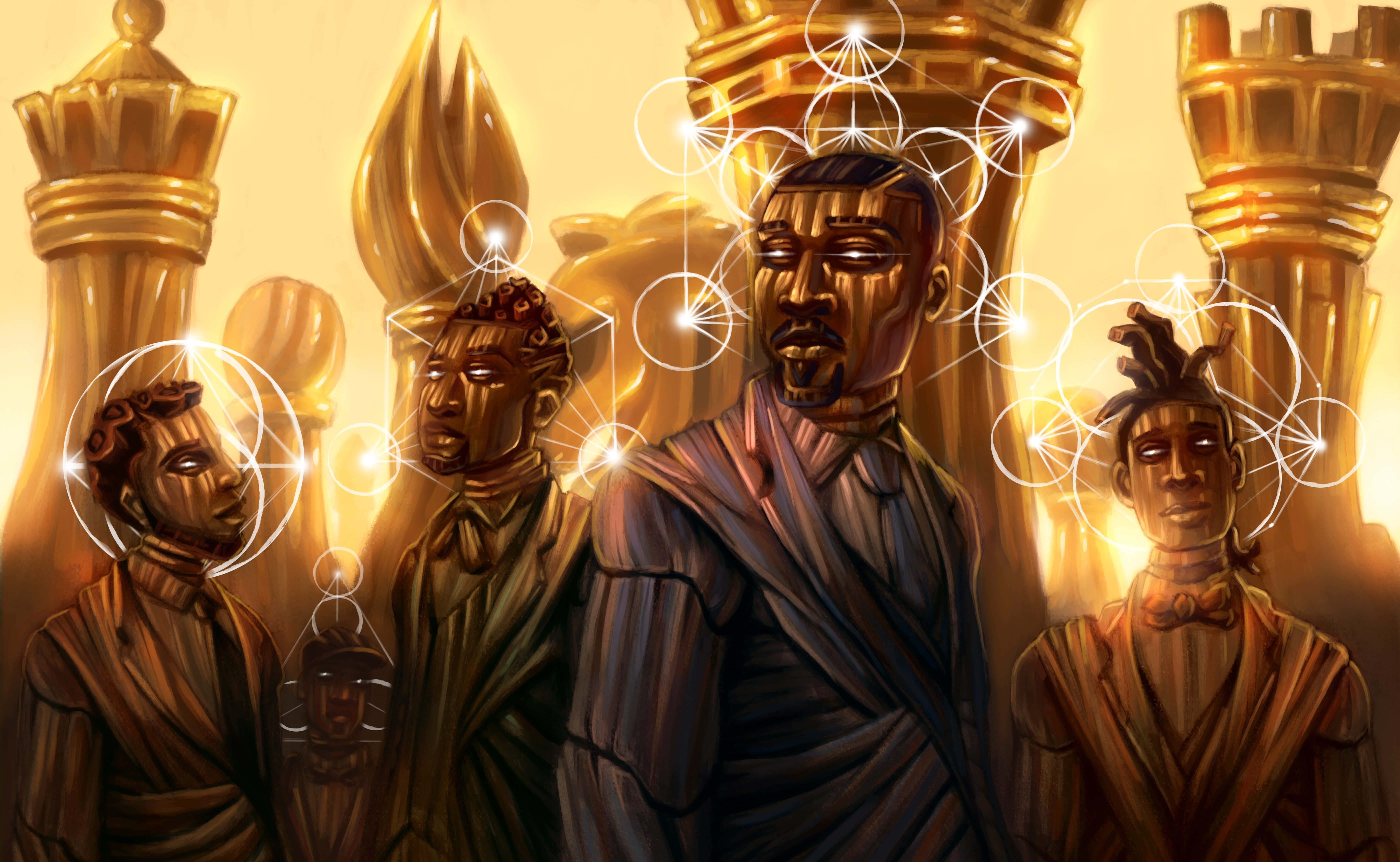 Afrofuturism 桌布 壁紙 — 金色皇室人物雕像，周圍漂浮著發光的幾何能量圖案，背景溫暖而光芒四射。