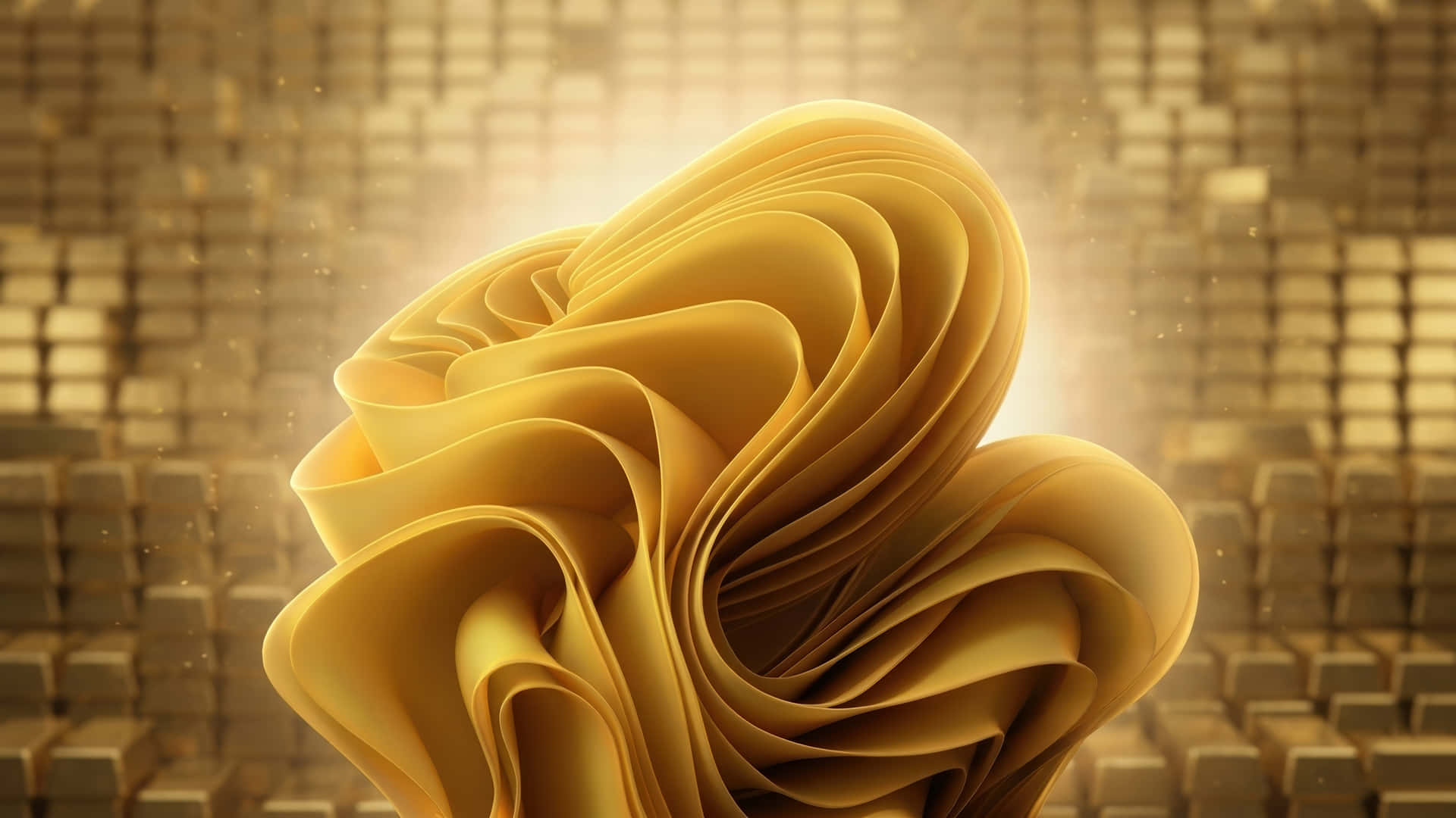 金色抽象漩渦帶柔和褶皺，堆疊金條背景