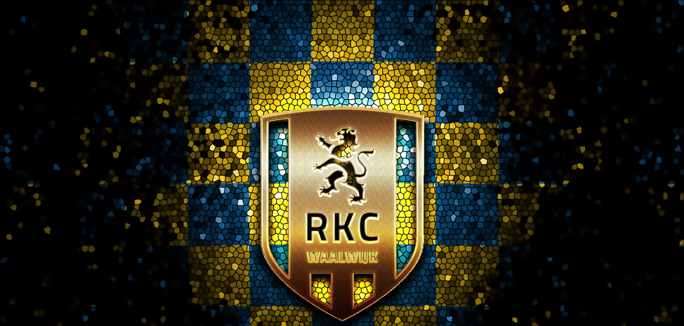 Rkc Waalwijk 桌布 壁紙 — 金色盾牌上有一隻躍立的獅子，中央有「RKC WAALWIJK」文字，背景為藍黃馬賽克圖案，帶有閃爍粒子。