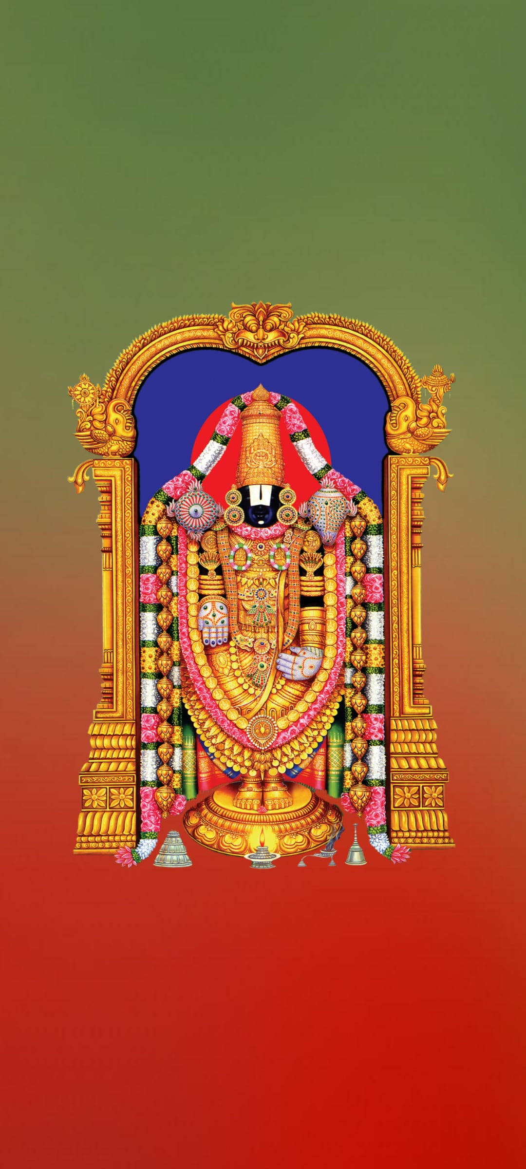 Lord Balaji 桌布 壁紙 — 金色神祇裝飾著色彩繽紛的花朵和珠寶，站在華麗的金色拱門中，背景為紅綠漸變色。