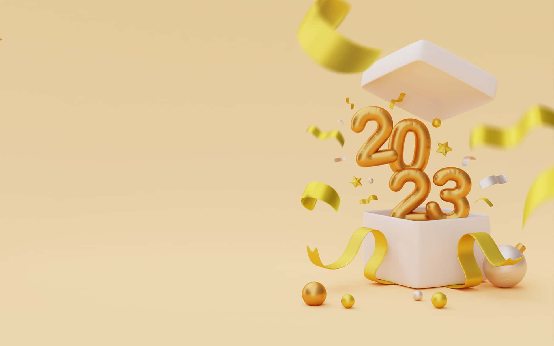 金色2023數字從一個帶有黃色絲帶和裝飾的白色禮物盒中出現。