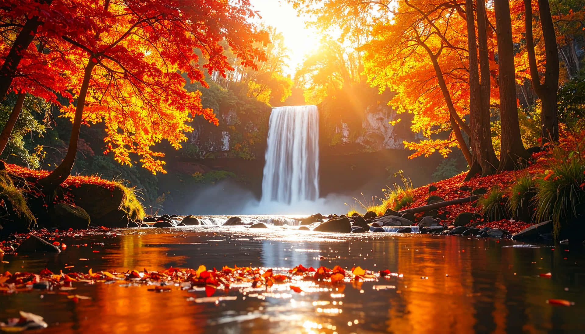 金色秋日 壁紙 — 陽光穿過火紅的秋樹，框住一道瀑布傾瀉入落葉遍地的水池。