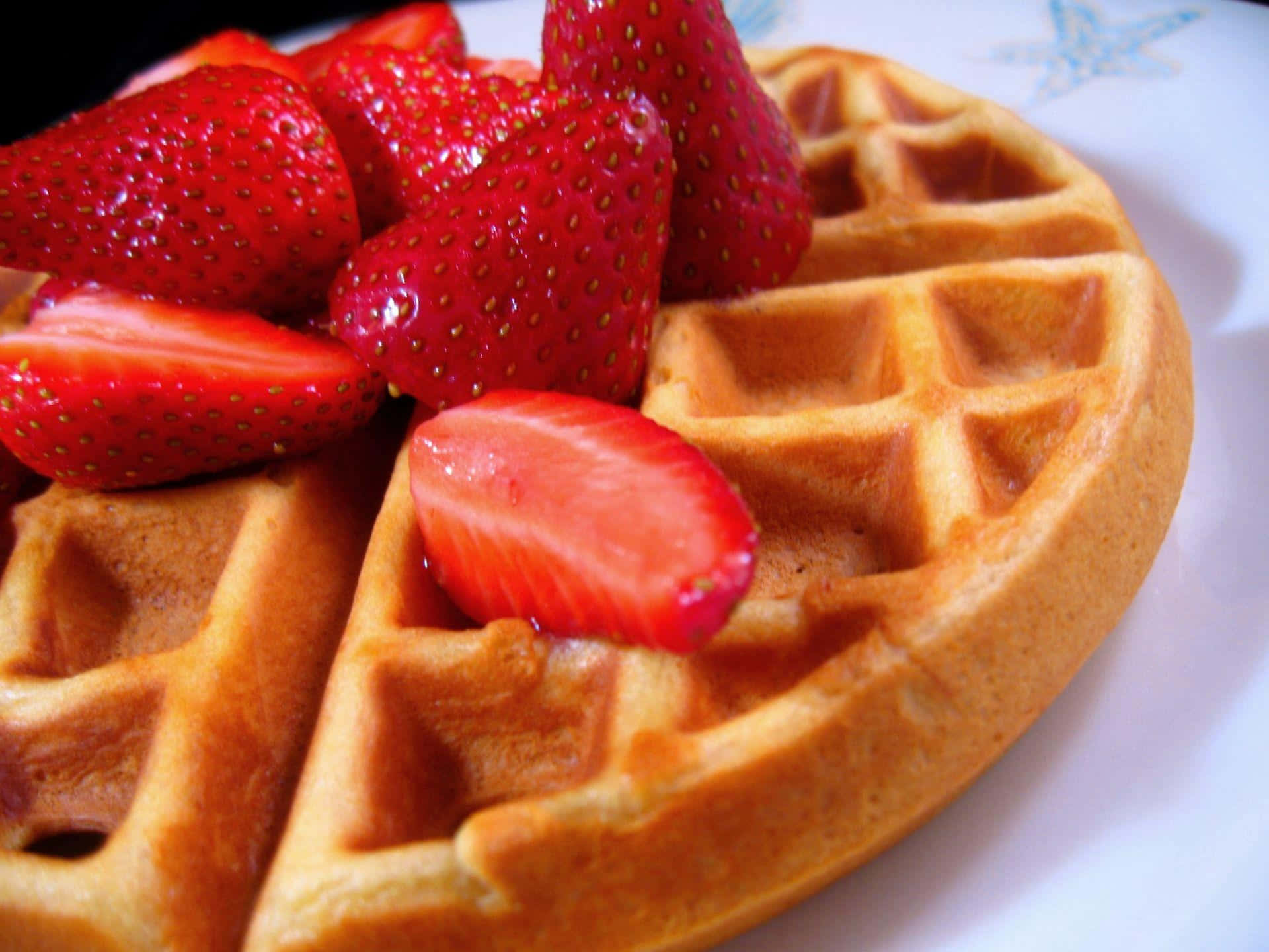 Waffle 桌布 壁紙 — 金色窩夫配上光澤紅草莓，置於白色碟上。