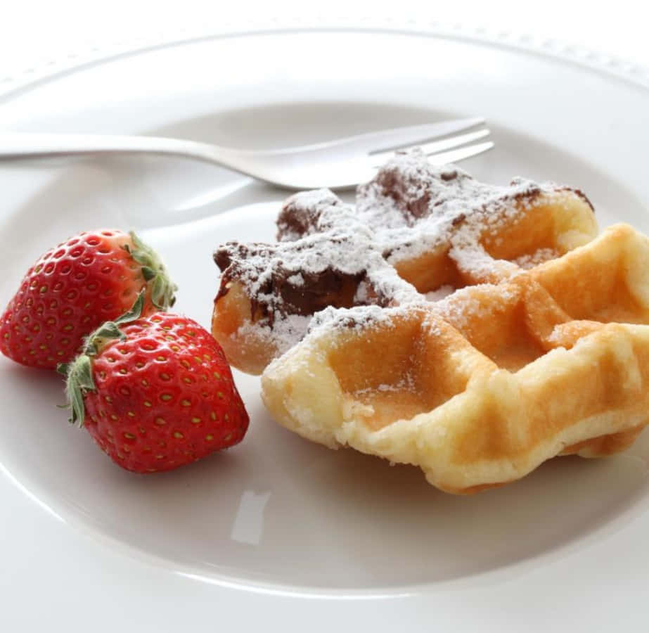 Waffle 桌布 壁紙 — 金色窩夫配上朱古力和糖粉，旁邊放著新鮮草莓，放在白色碟子上，附有叉子。