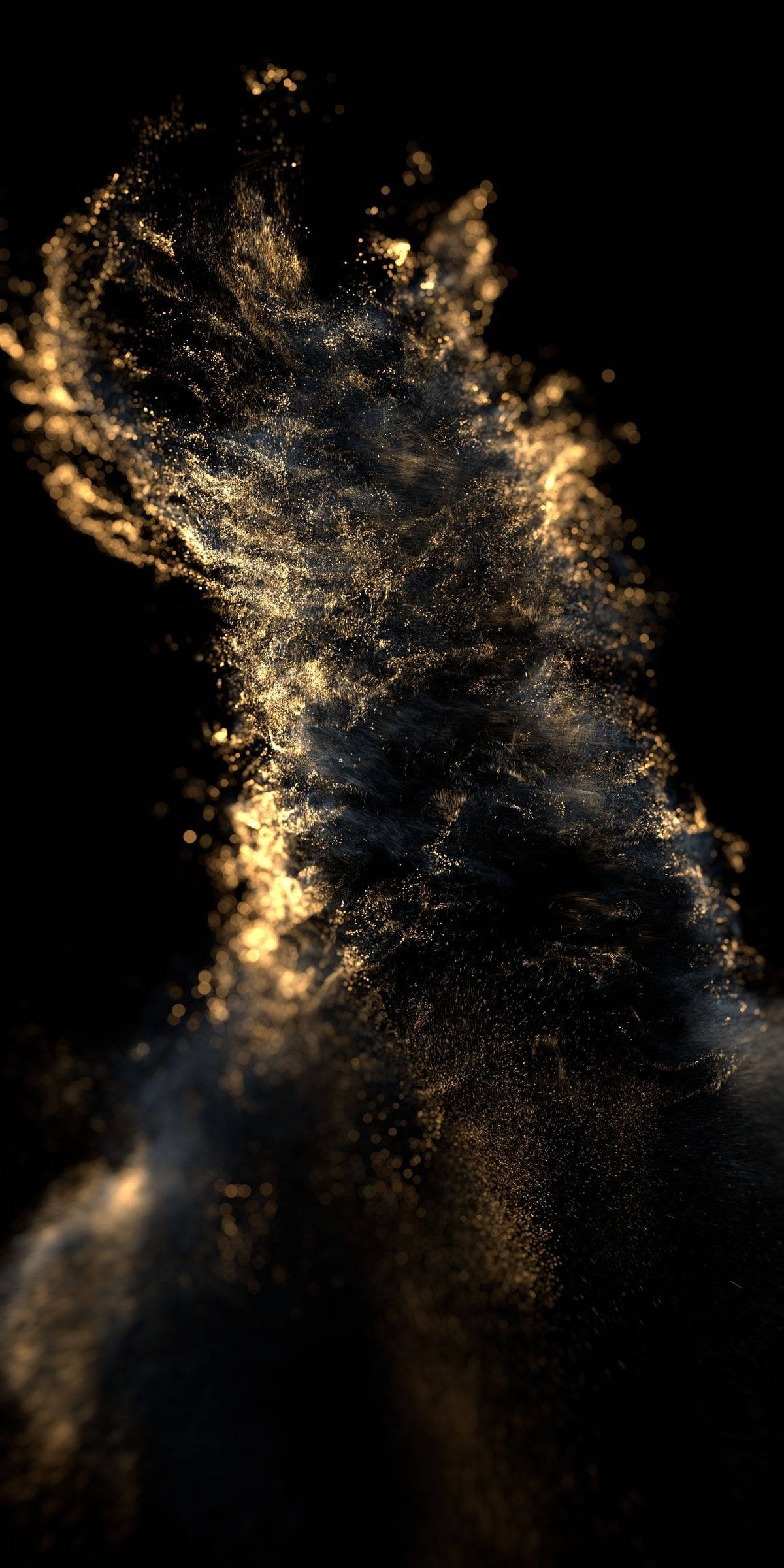 Dust 桌布 壁紙 — 金色粒子在黑色虛空中動態旋轉，形成發光的抽象爆炸。